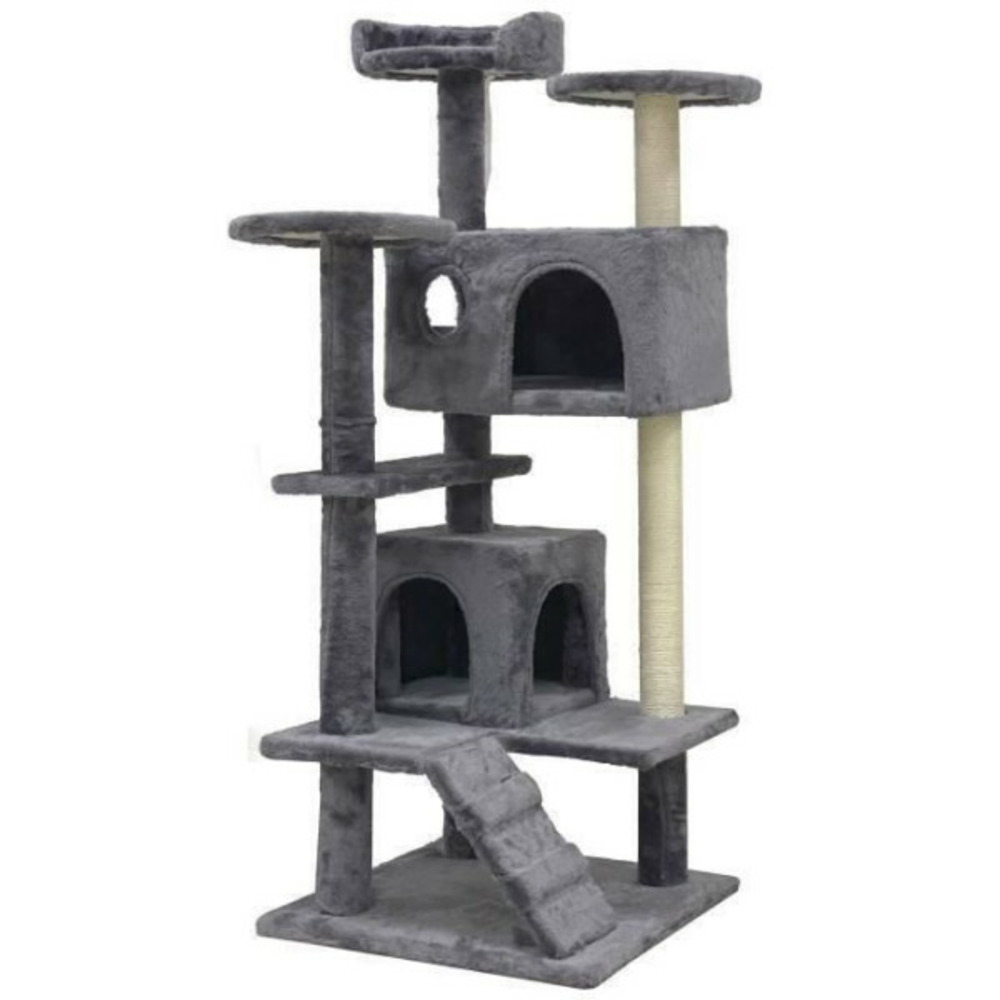 Suzi - arbre a chat gris 50 x 50 x 125 cm 5 plateformes – 2 niches – 1 escalier et poteaux a griffer