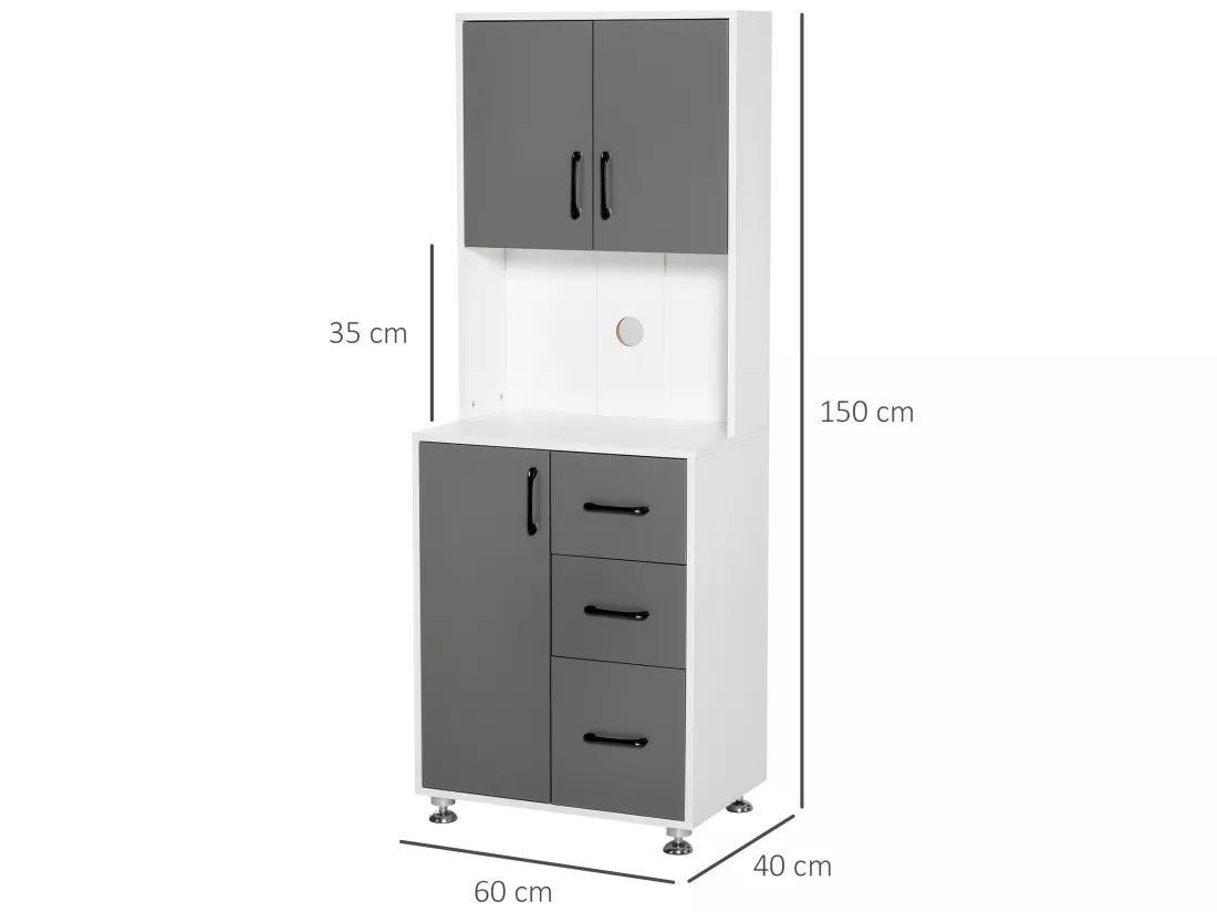 HOMCOM Armoire de cuisine multi-rangements 2 + 1 porte 3 tiroirs + grand plateau dim. 60L x 40l x 150H cm bicolore gris blanc