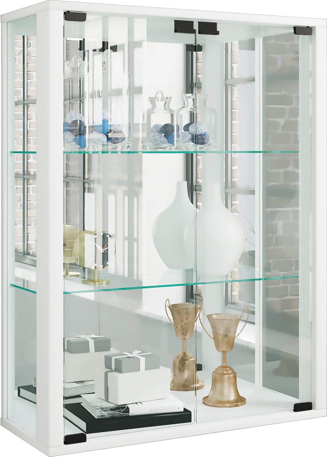 Wandvitrine UDINA - weiß - mit Rückwandspiegel - 60 cm