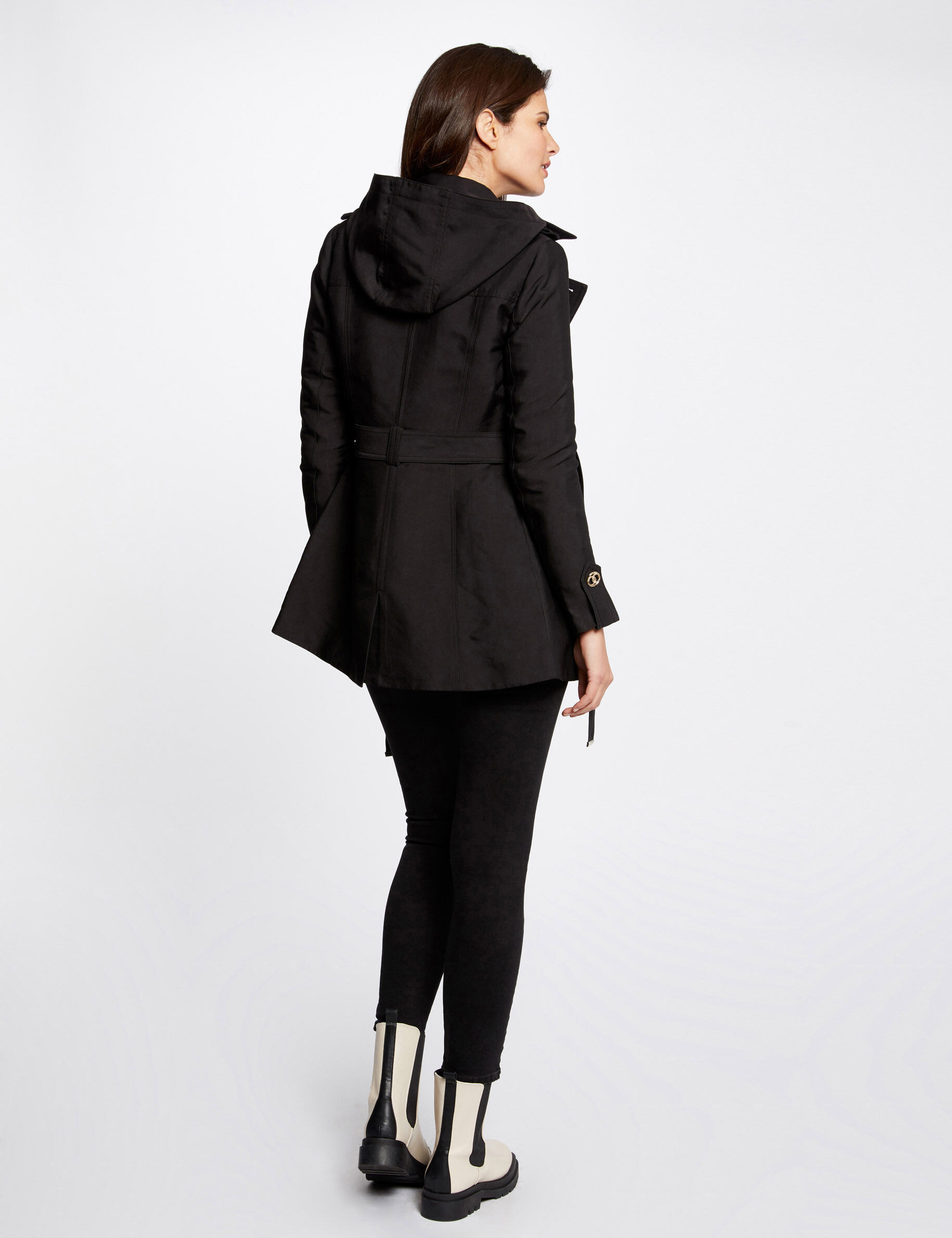 Trench droit ceinturé à capuche noir femme - noir