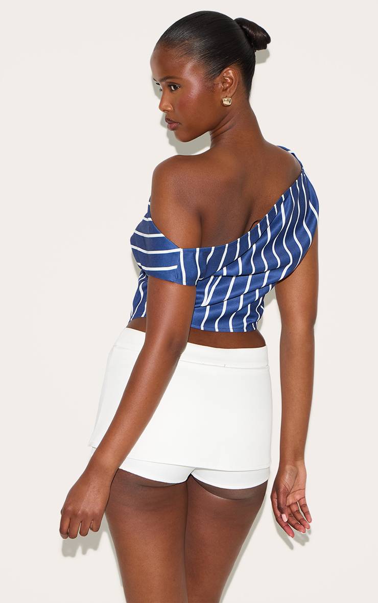 Bleu Haut Sans Manches Asymétrique En Satin À Rayures Indigo