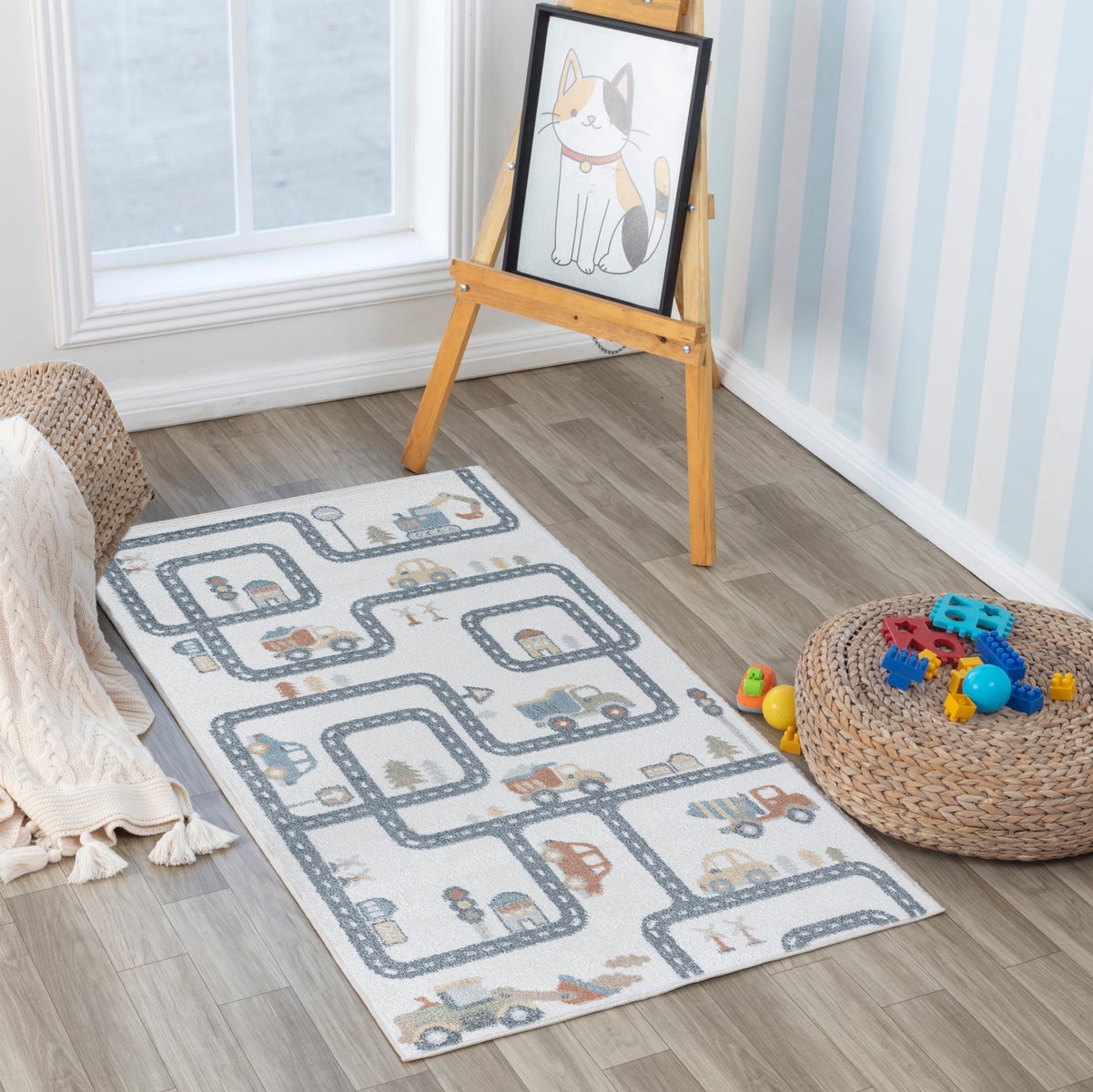 Machinewasbaar kinderkleed, racebaan, beige/grijs, 80x150 cm, VROOMVILLE