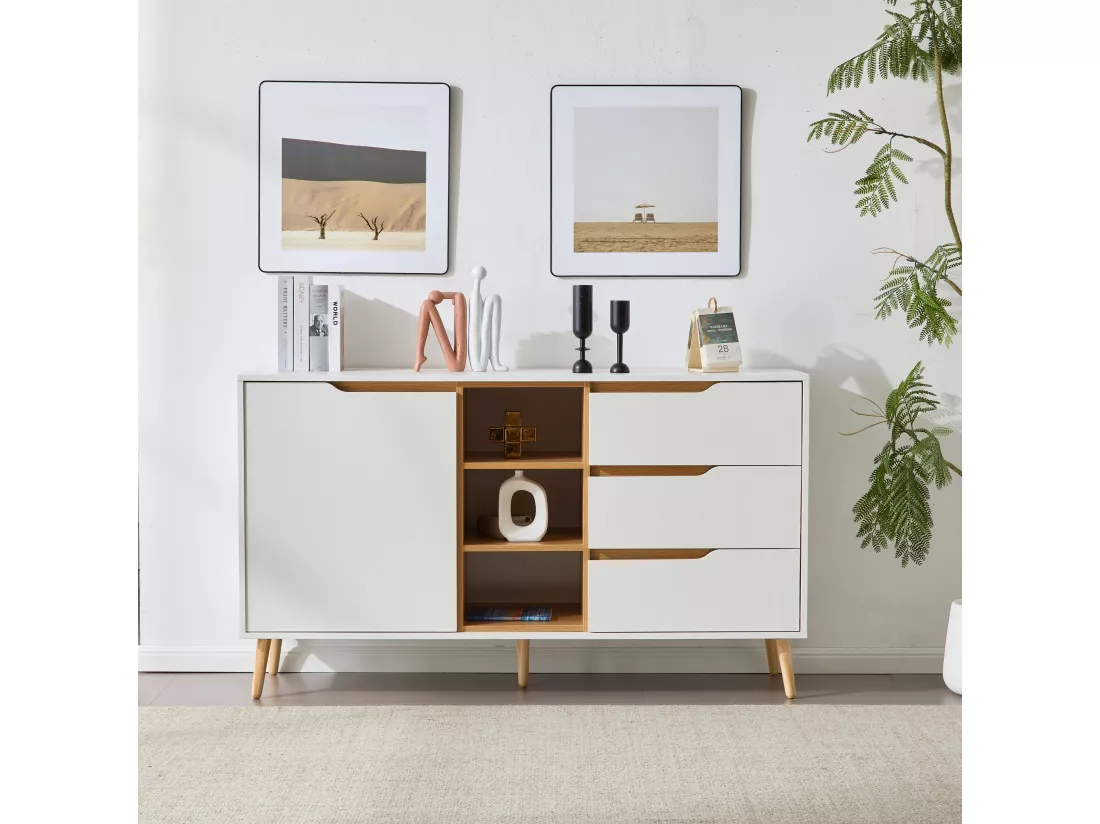 Buffet avec étagères, avec 3 tiroirs et espace de rangement ouvert, 140 x 40 x 80,5 cm, blanc
