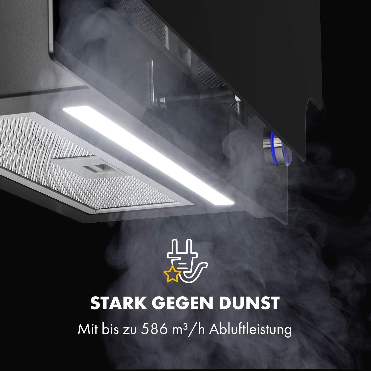 Klarstein Amelia - Dunstabzugshaube, Kopffrei-Haube, flaches Design, 123 W, 586 m³/h, LED-Beleuchtung: 3 W, 3 Leistungsstufen, beleuchteter Touch-Drehregler, 60 x 47 x 23,5 cm, schwarz
