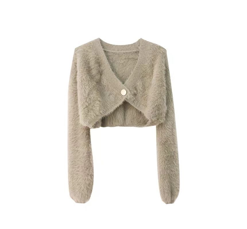 FR - V-hals effen pluizige crop top met knoopjes