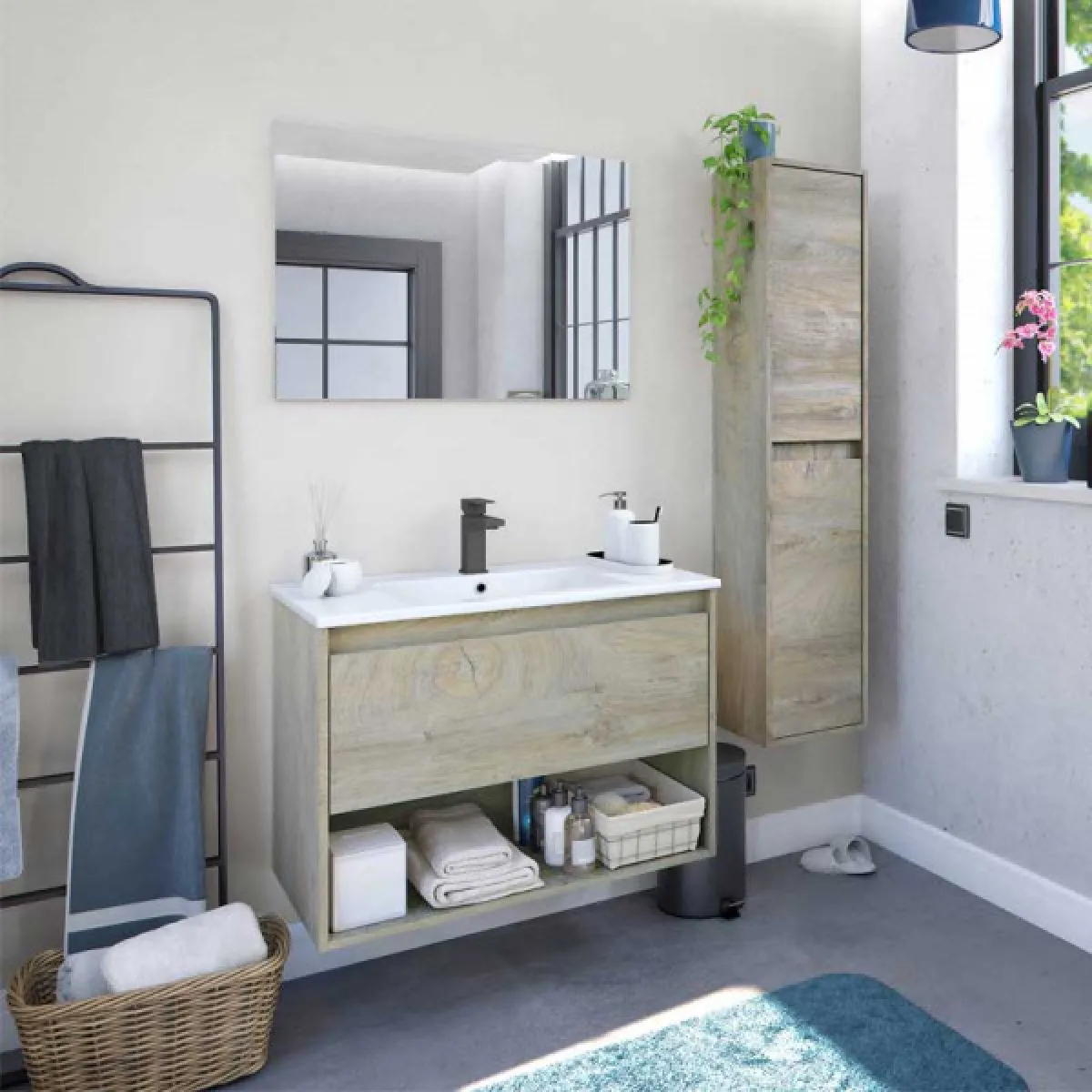 Dansmamaison Meuble sous vasque + vasque + miroir chêne BIGRA