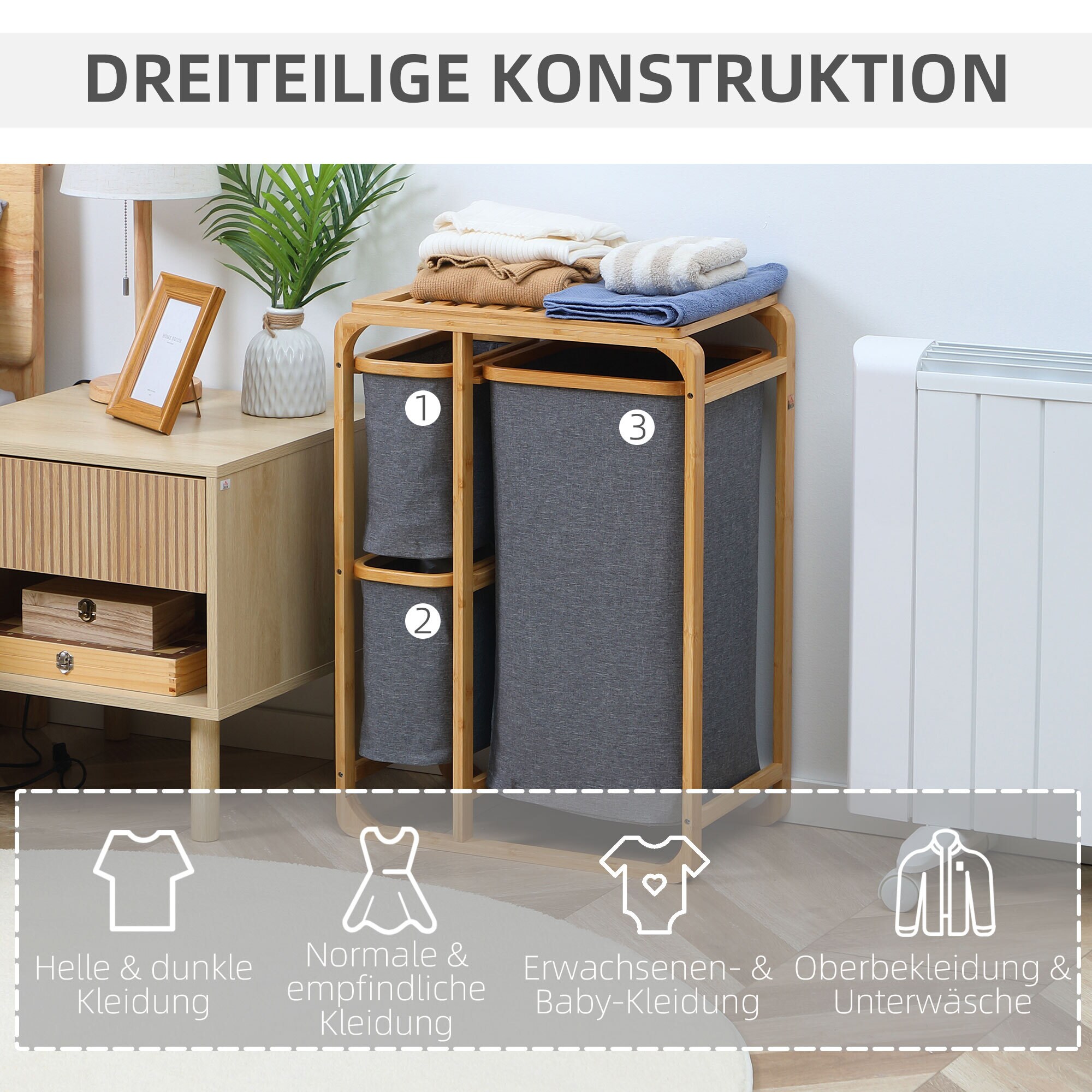 HOMCOM Wäschekorb mit 3 abnehmbaren Wäschesacke grau, natur 50L x 32B x 69,7H cm