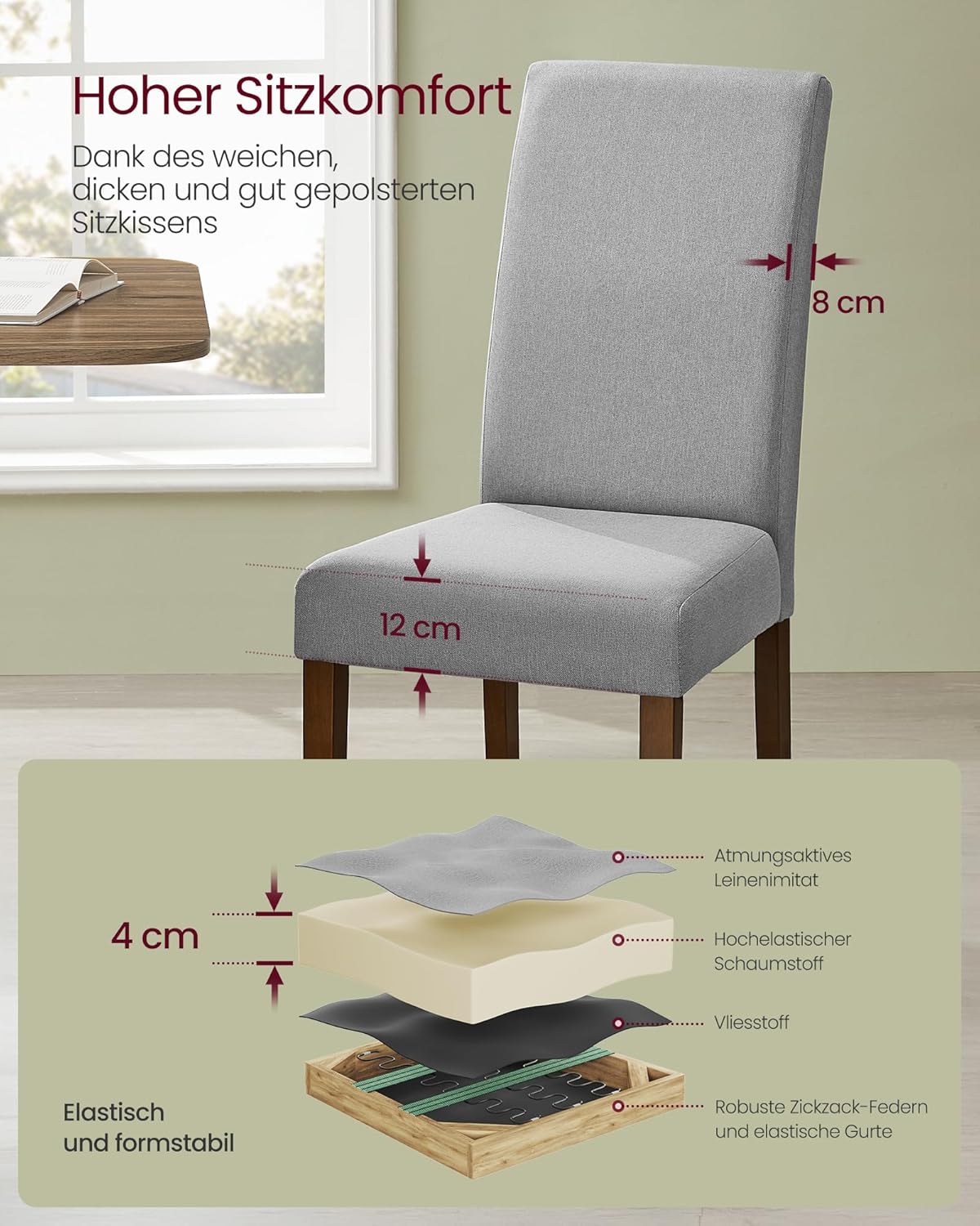 VASAGLE Esszimmerstuhl 2er Set, Küchenstuhl, Parsons-Stuhl, hohe Rückenlehne, für Esszimmer und Küche, Dickes Sitzkissen, 58 x 48 x 99 cm, Taubengrau KDC158G01
