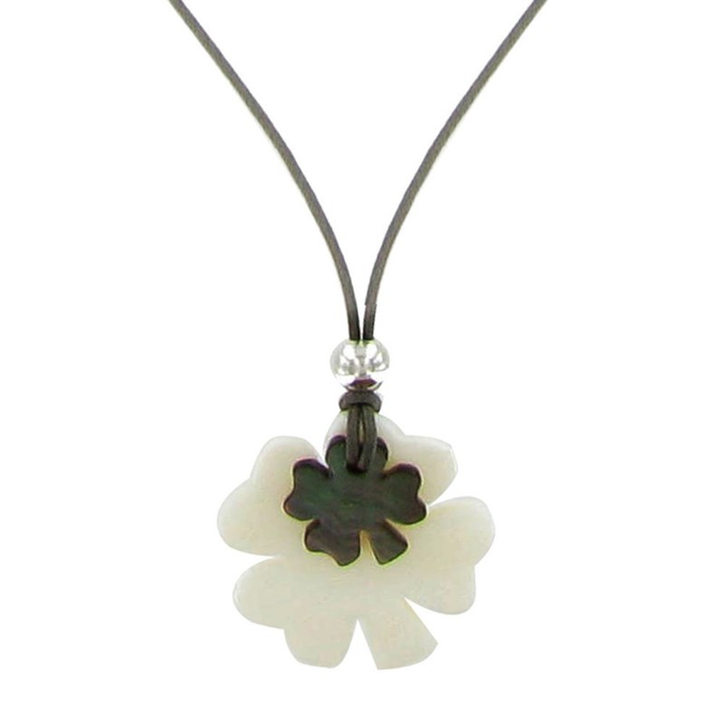 Collier Deux Trèfles Porte Bonheur Nacre Lien Gris - Classics