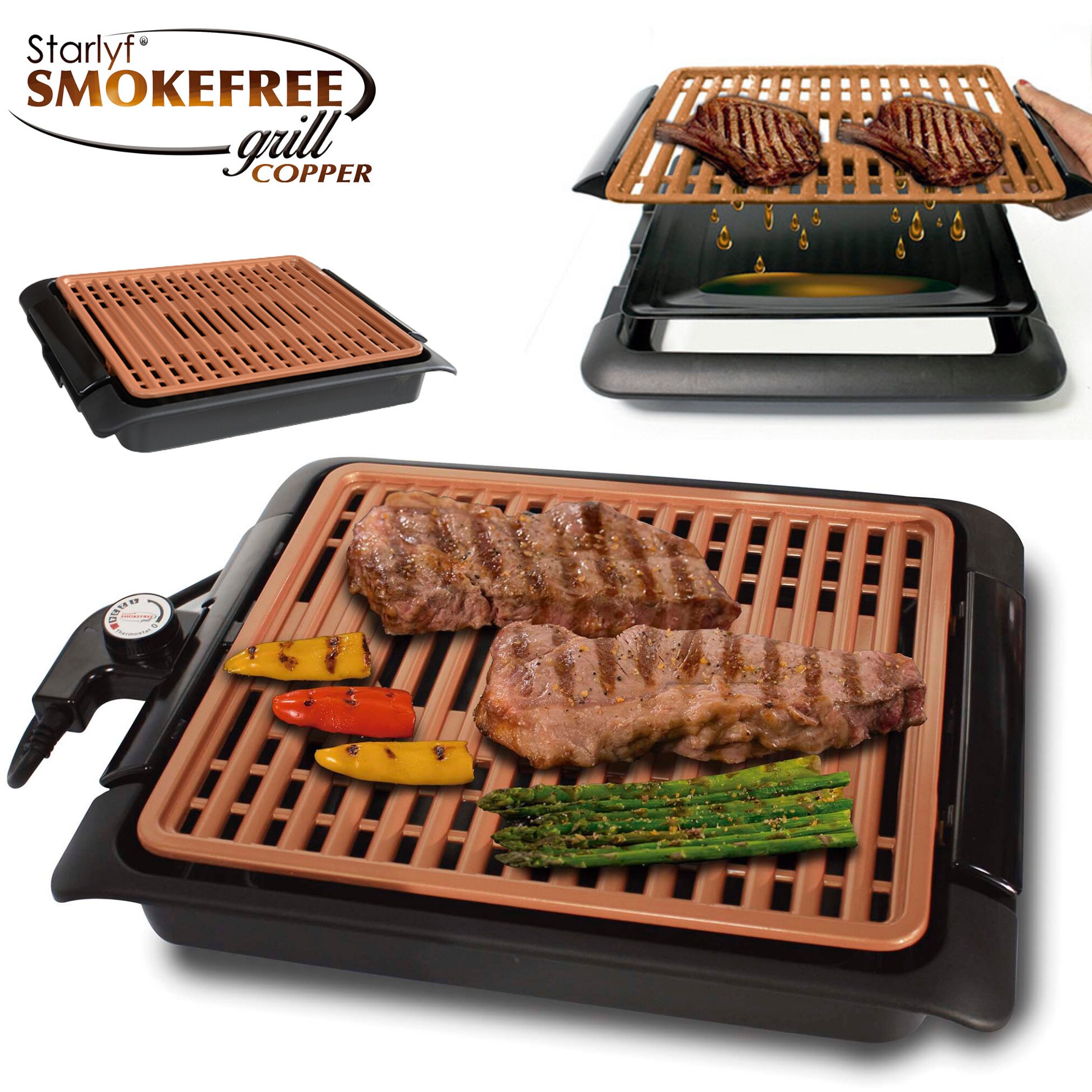 Starlyf® elektrischer Tischgrill - Elektrogrill - regelbares Thermostat Smokefree Copper Grill