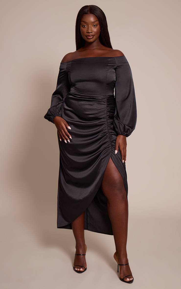 Noir Robe Mi-longue Satinée Grande Taille À Épaules Dénudées Et Fronces Latérales