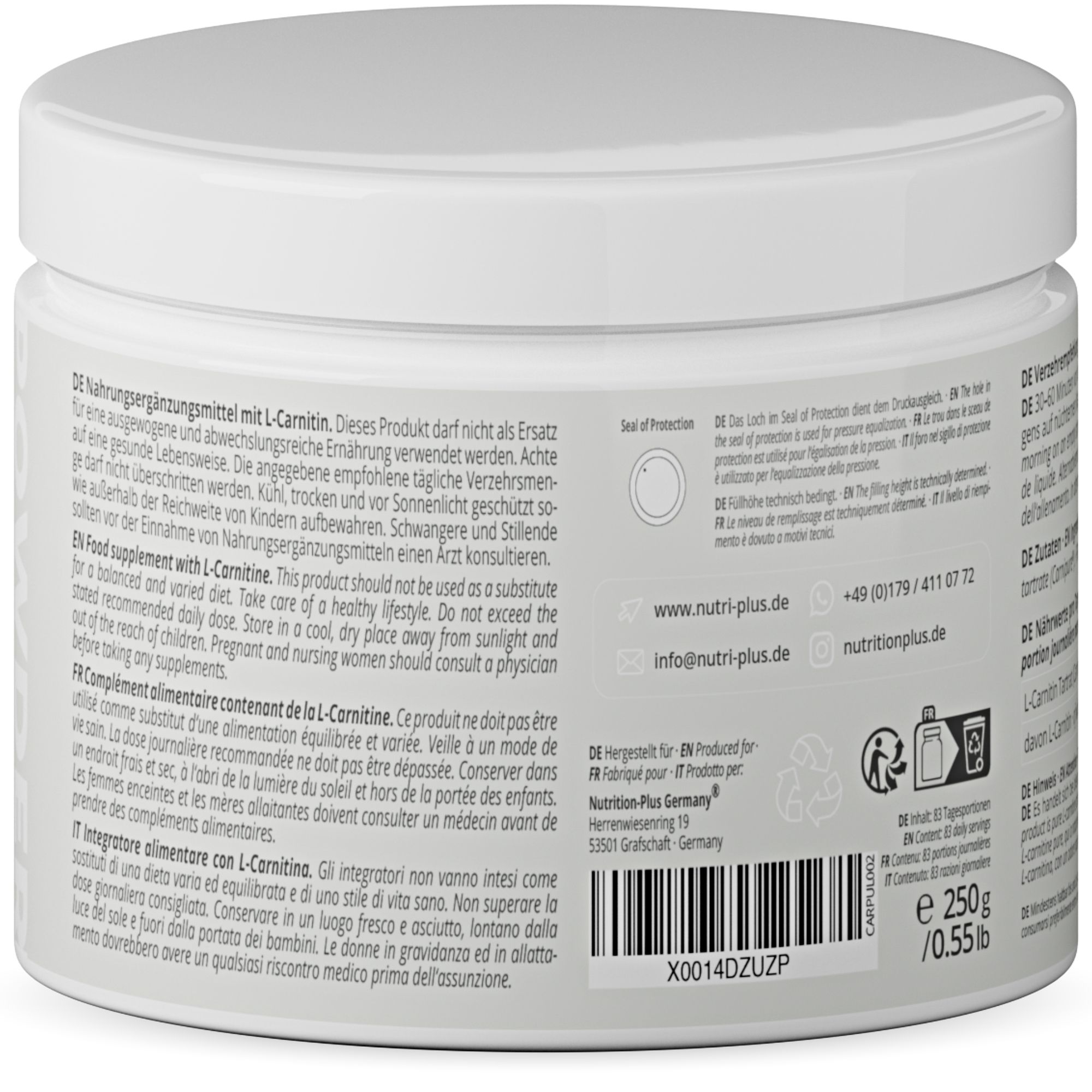 Nutri+ L-Carnitin Pulver 250g (Carnipure®)