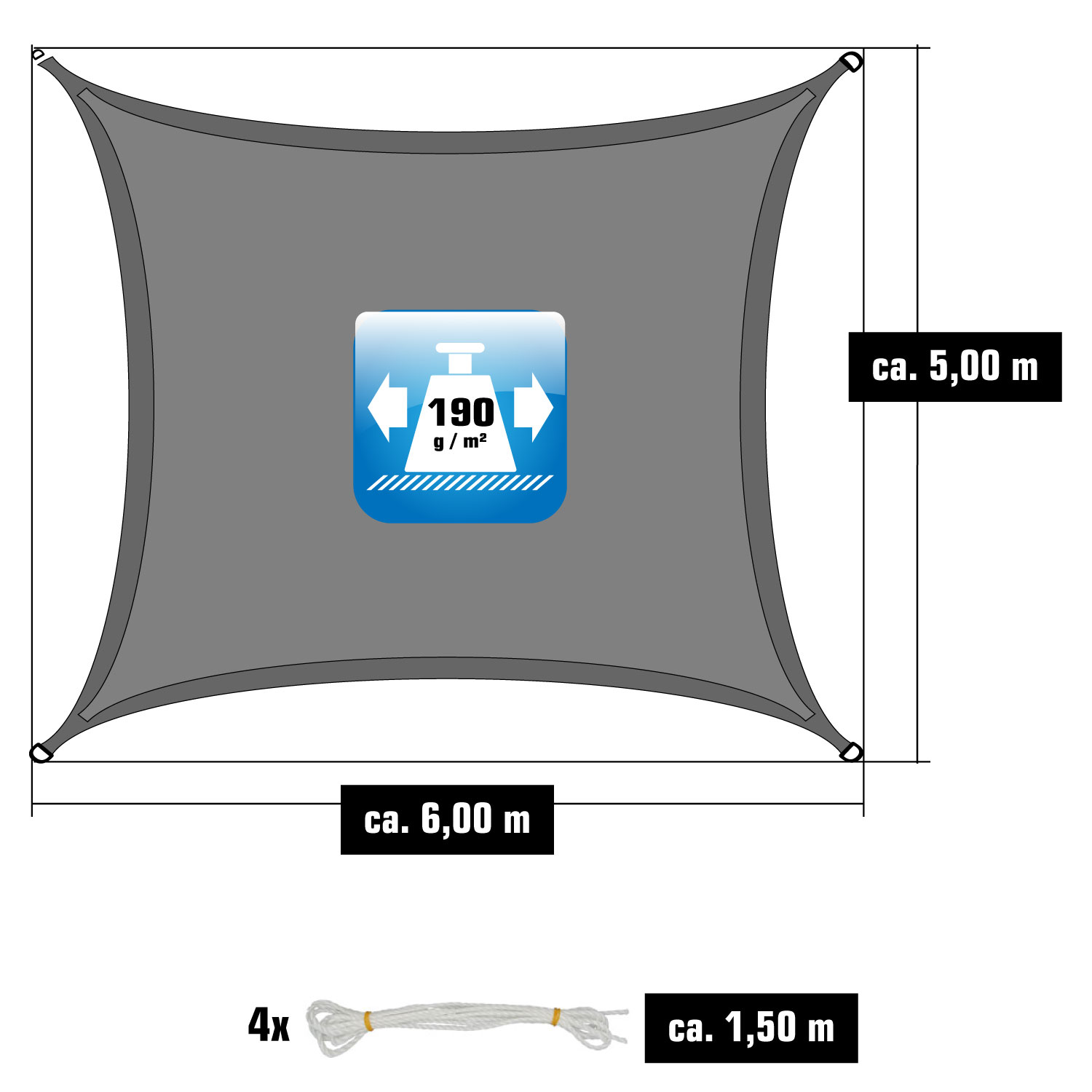 AMANKA 6x5m grijs Polyester waterdicht schaduwdoek