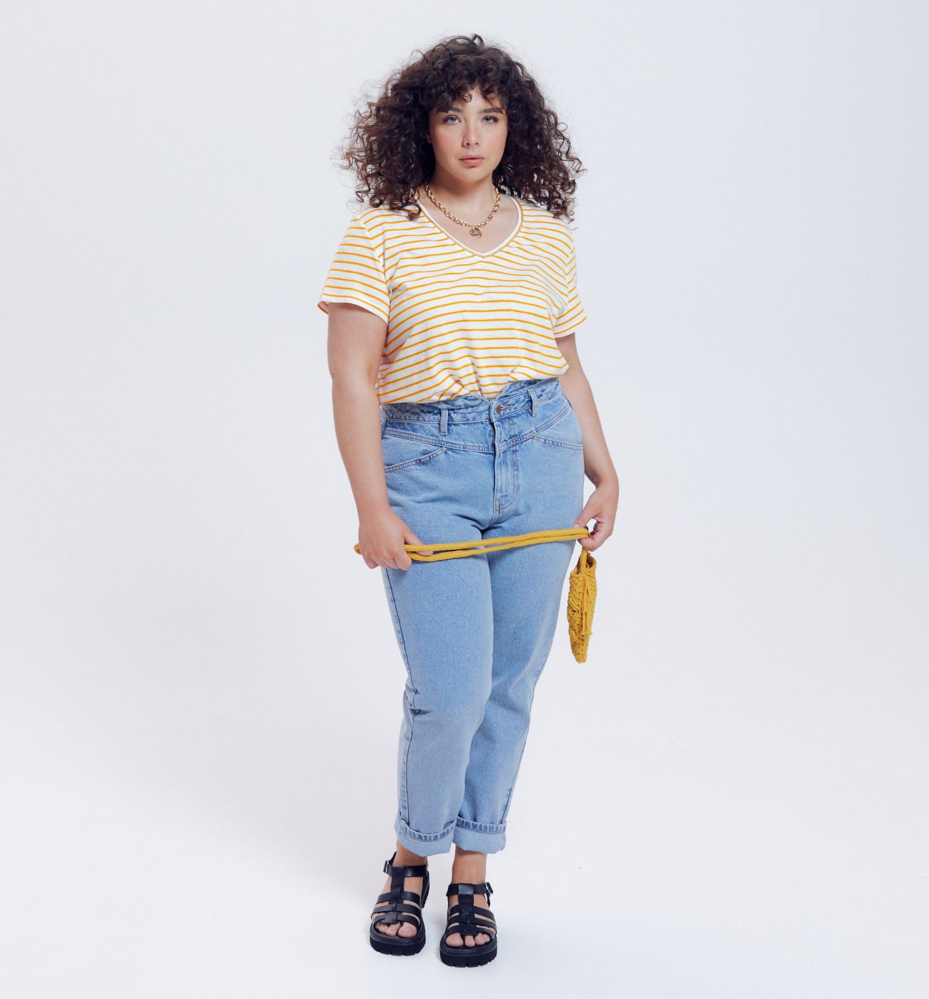 T-shirt col V Femme - Rayé jaune