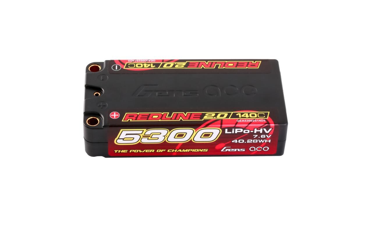 RC-Akku LiHV 5300 mAh 7.6 V 140C Redline 2.02S LiPo HV Shorty Akku mit 5 mm Bullet Goldstecker