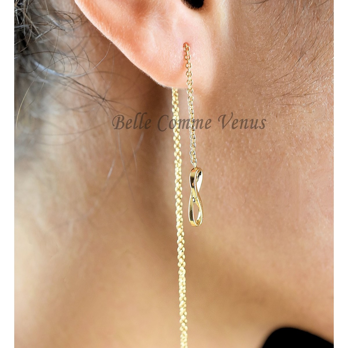 Boucles d'oreilles infini traversantes chaînes pendantes Plaqué or 750 3 microns