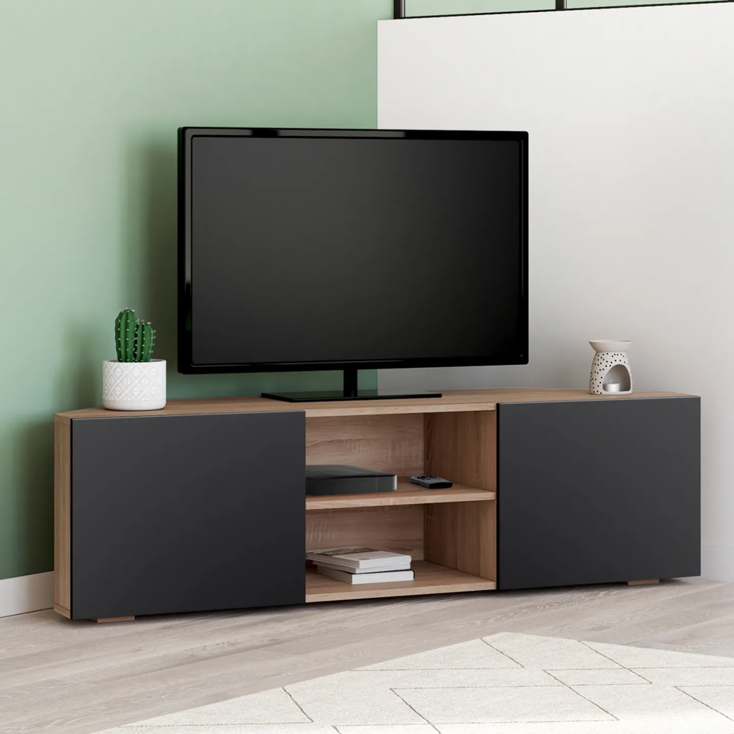 Meuble TV 110 cm d'angle ELI bois façon hêtre portes noires