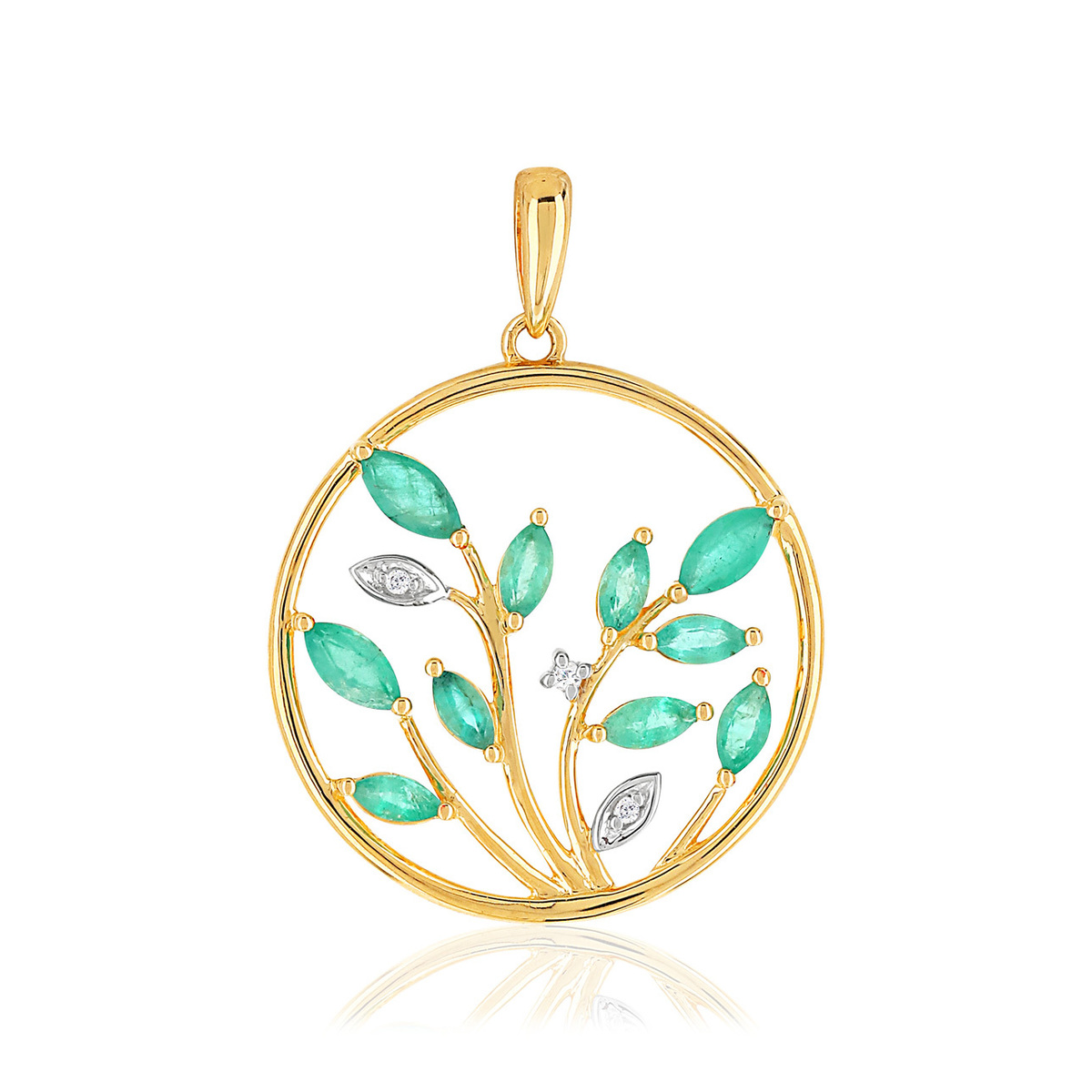 Pendentif or 375 2 tons arbre émeraudes et diamants