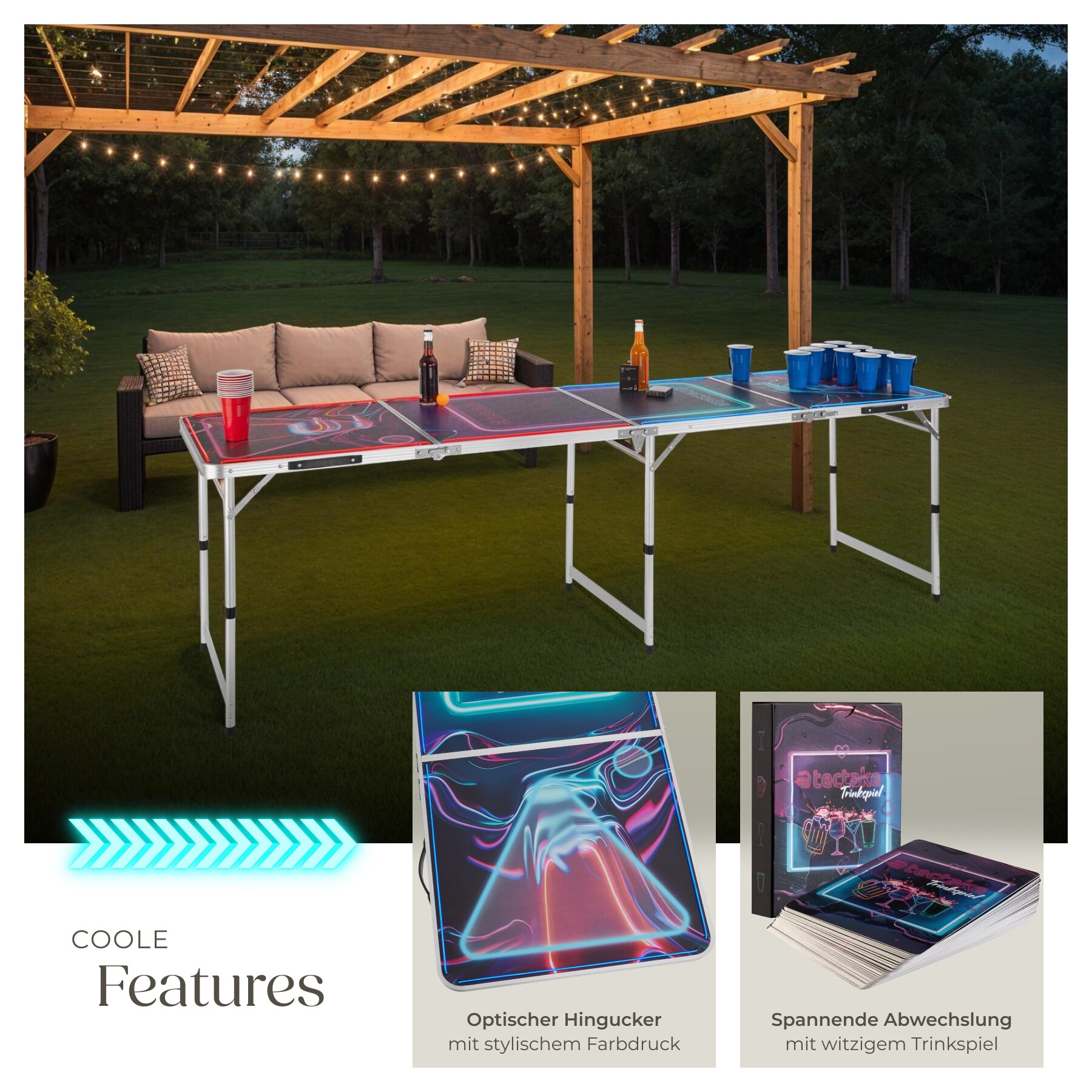 tectake® Bierpongtisch, aus Aluminium, mit LED-Beleuchtung, bodenschonende Kunststofffüße, inklusive 100 Bechern, 6 Bällen und Kartentrinkspiel