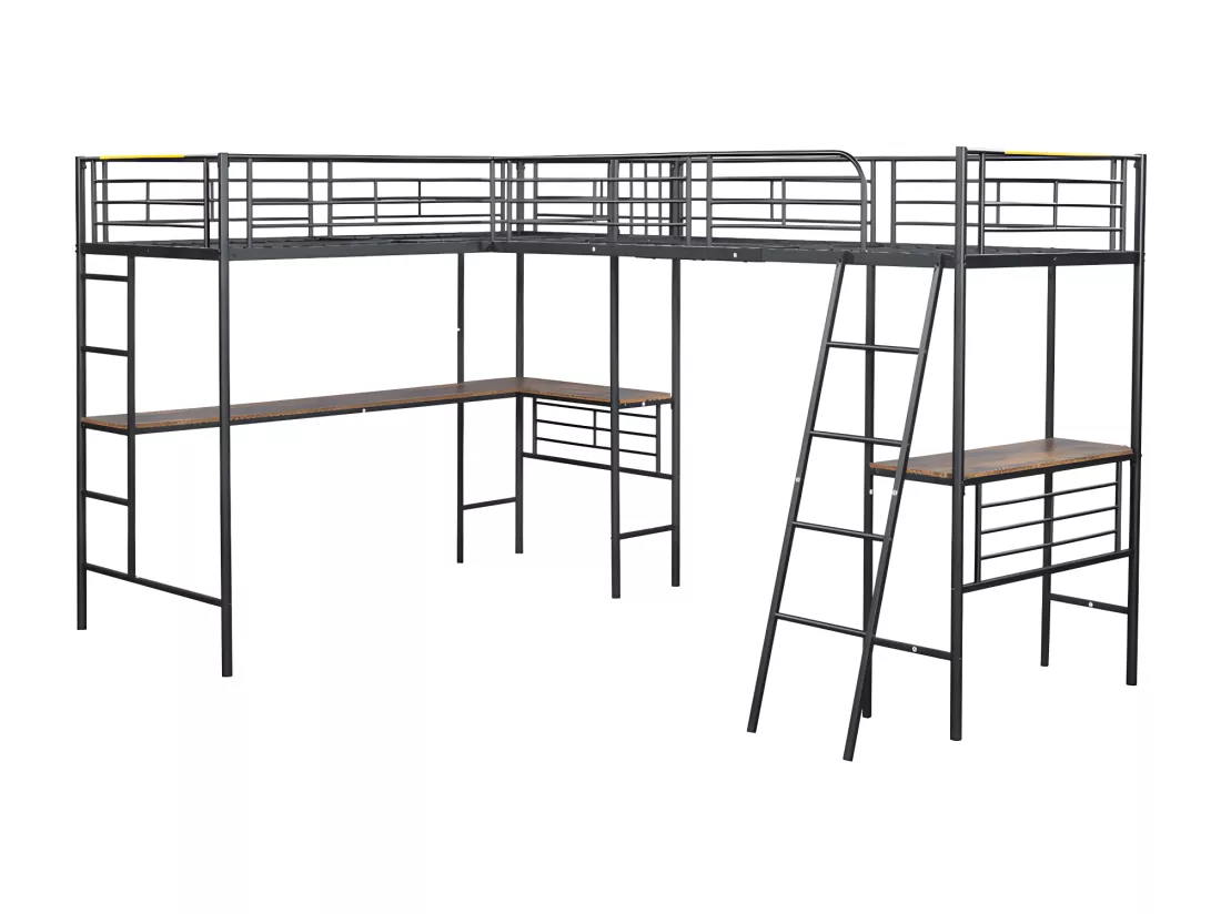 Lit mezzanine - 2 lits 90x200 cm - 2 bureaux sous le lit - Noir