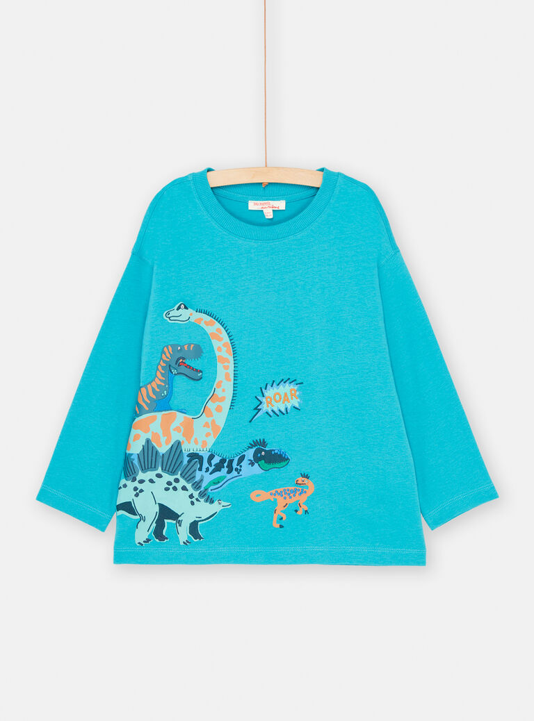 T-shirt turquoise patches et broderie dino pour garçon