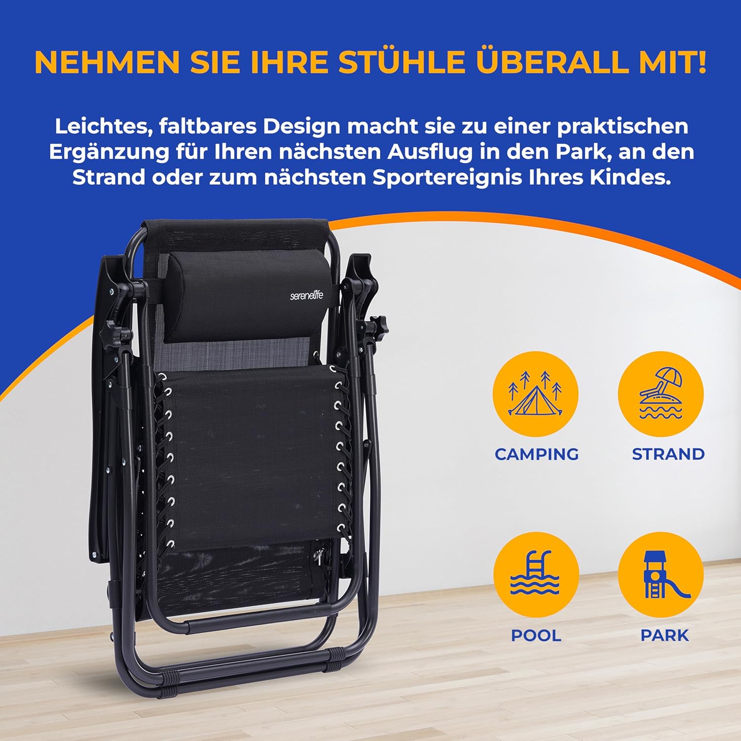 SereneLife Liegestuhl, Gartenliege Klappbar, Strandliege, Sonnenstuhl als Gartenbett mit atmungsaktivem Textil, Verstellbar zum Liegen für Garten & Camping mit Seitentisch, Kopfkissen & Getränkehalter