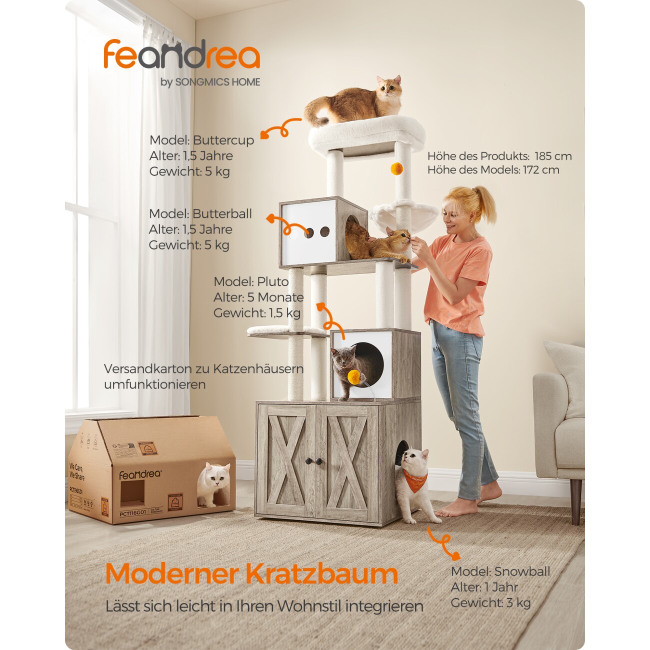 FEANDREA Kratzbaum 185cm mit Katzenklo-Schrank vintagebraun grau