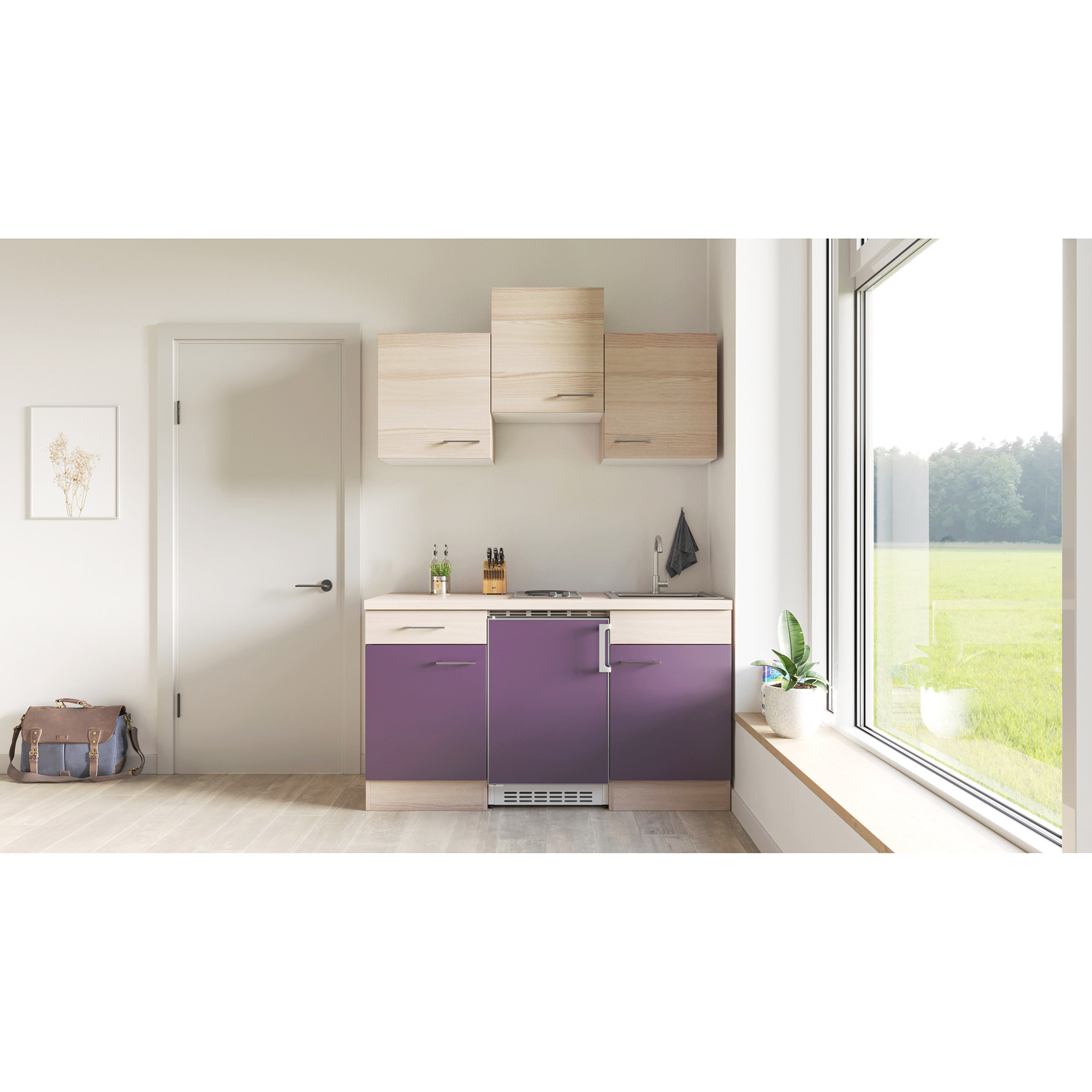 Küchenblock FOCUS - Akazie - aubergine - mit E-Geräten - 150 cm