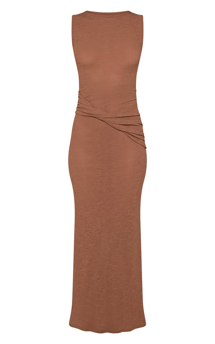 Marron Robe Maxi Moulante Sans Manches Avec Détail Drapé Pelure D'oignon