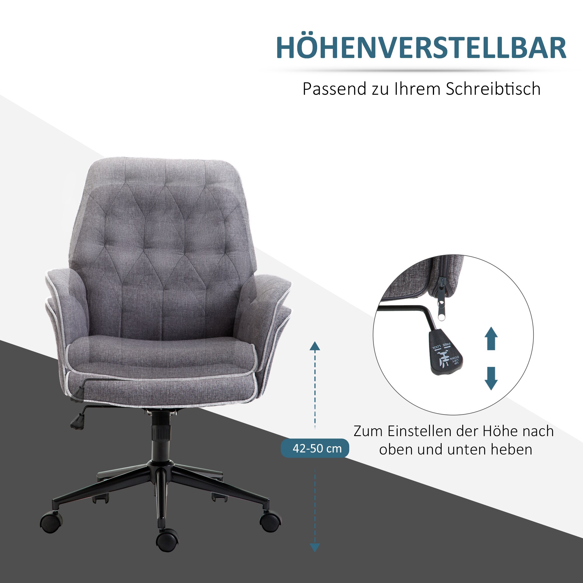 HOMCOM Bürostuhl mit Wippfunktion, aus Webstoff und Polyester, gemütlich 66 x 69 x 89,5-97Hcm (BxTxH)