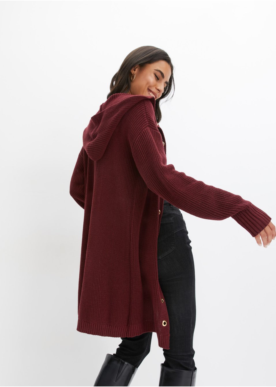 Gilet long en maille à capuche