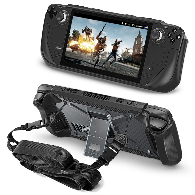 Steam Deck / OLED Silikon Case Schutzhülle Abdeckung mit Kickstand Halterung und Schultergurt - Schwarz