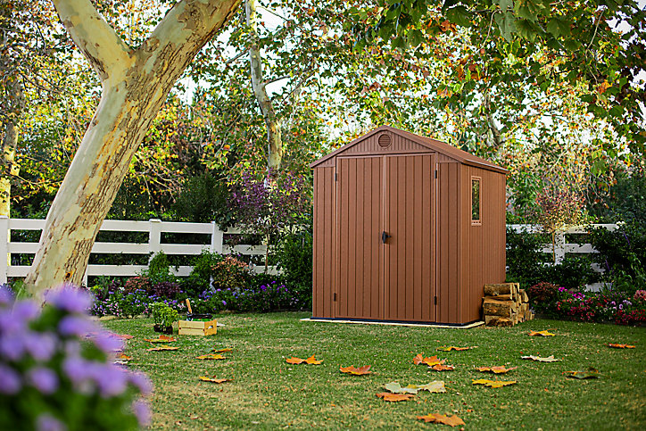 Abri de jardin + plancher Keter Darwin 66 en résine coloris marron ép.16 mm surface extérieure 4 m²