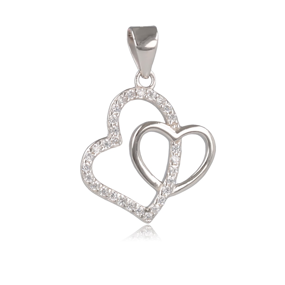 Pendentif argent rhodié coeur déformé en cubic zirconia et petit coeur