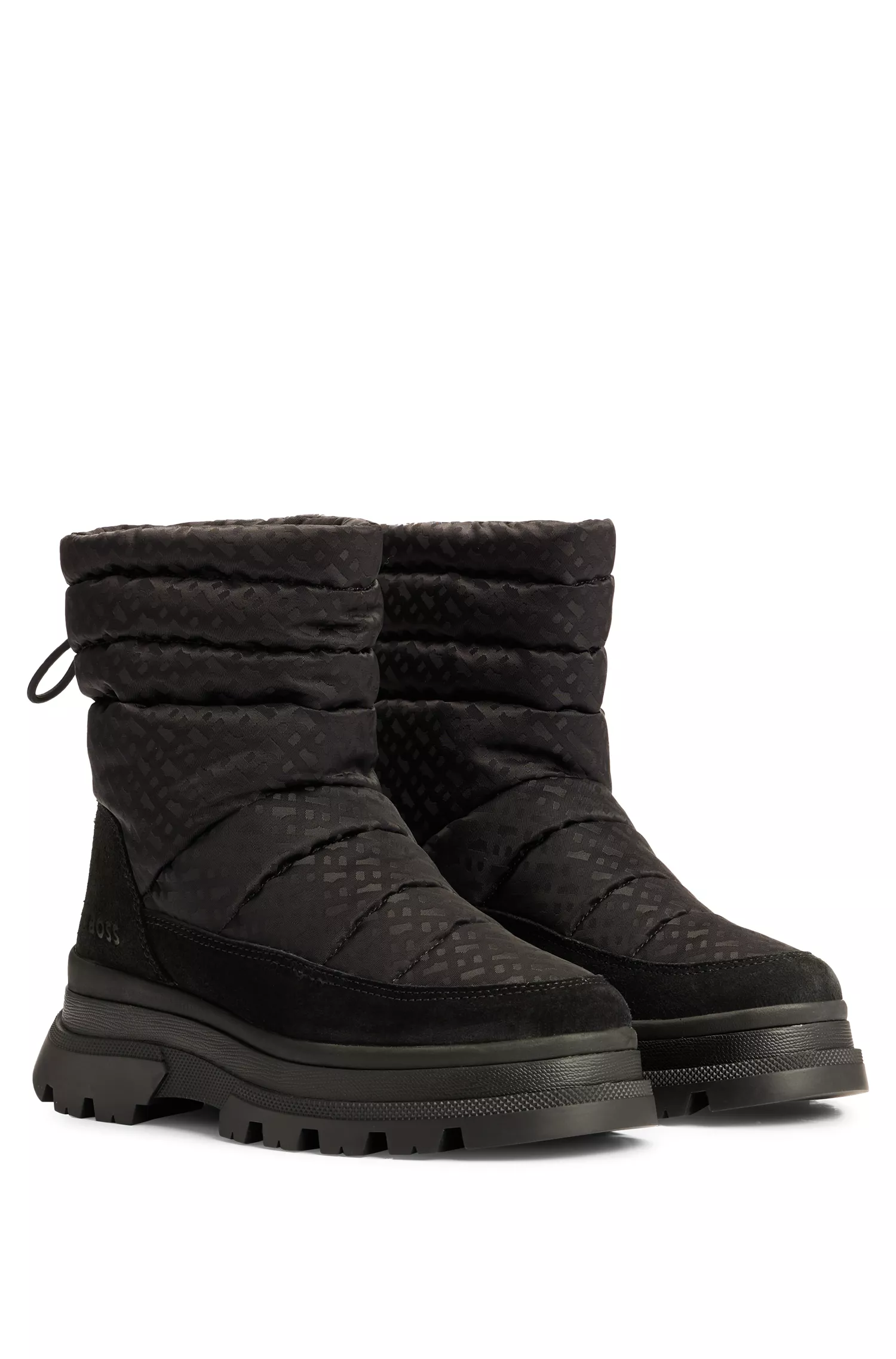 Botas BOSS pretas acolchoadas com detalhes de monograma.