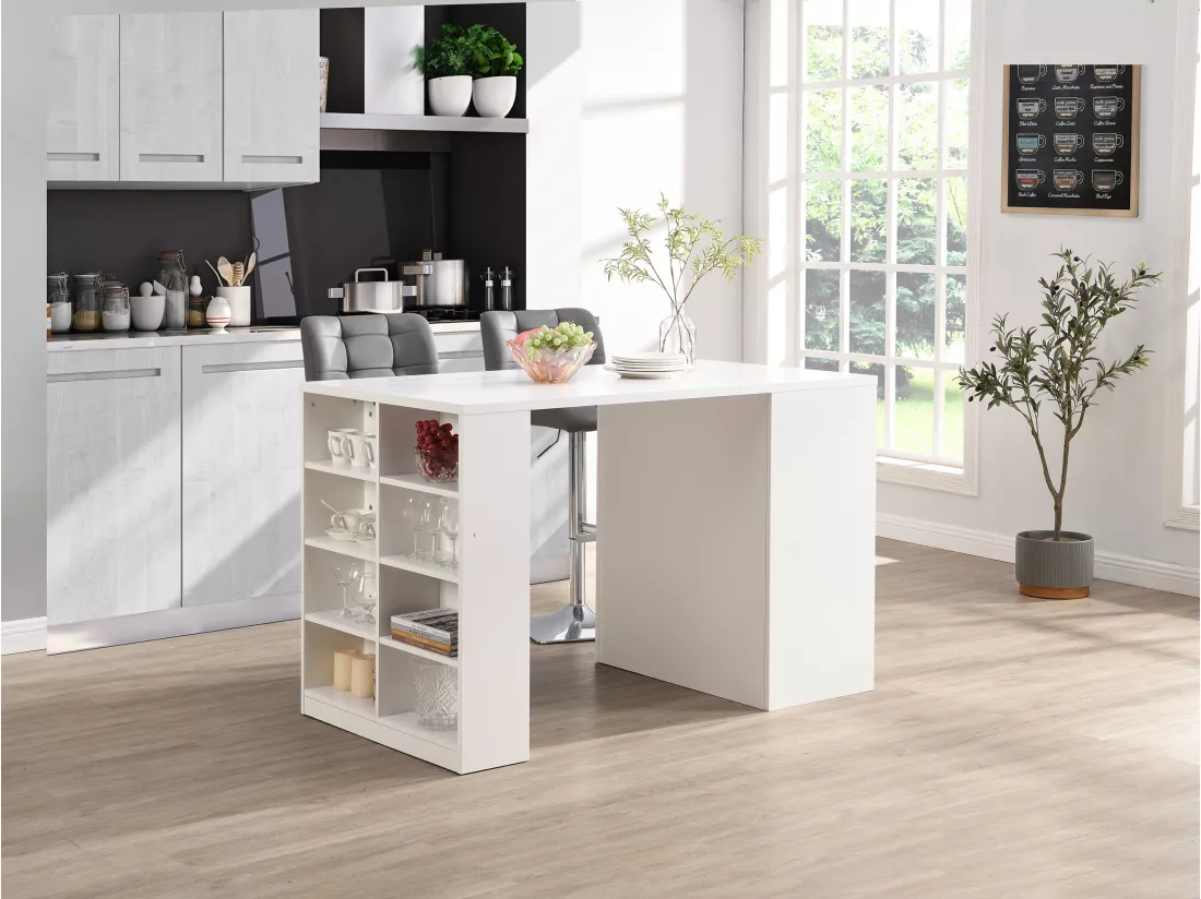 Ilot central de cuisine avec 3 tiroirs et 8 niches en MDF - Blanc et Naturel clair - PALESTRINA