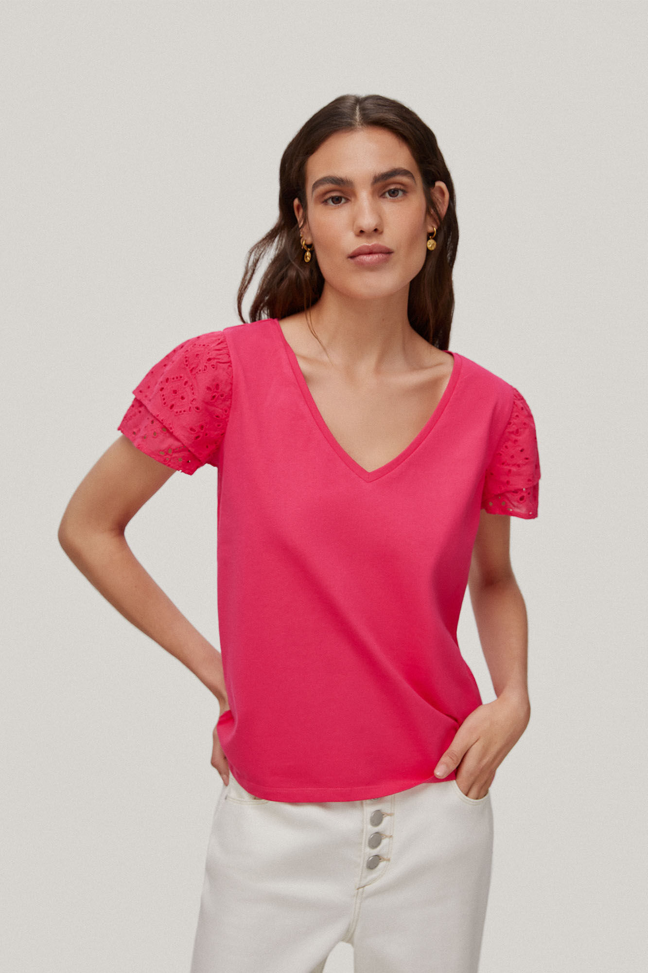 Camiseta lisa de manga curta com estampa vazada - Rosa