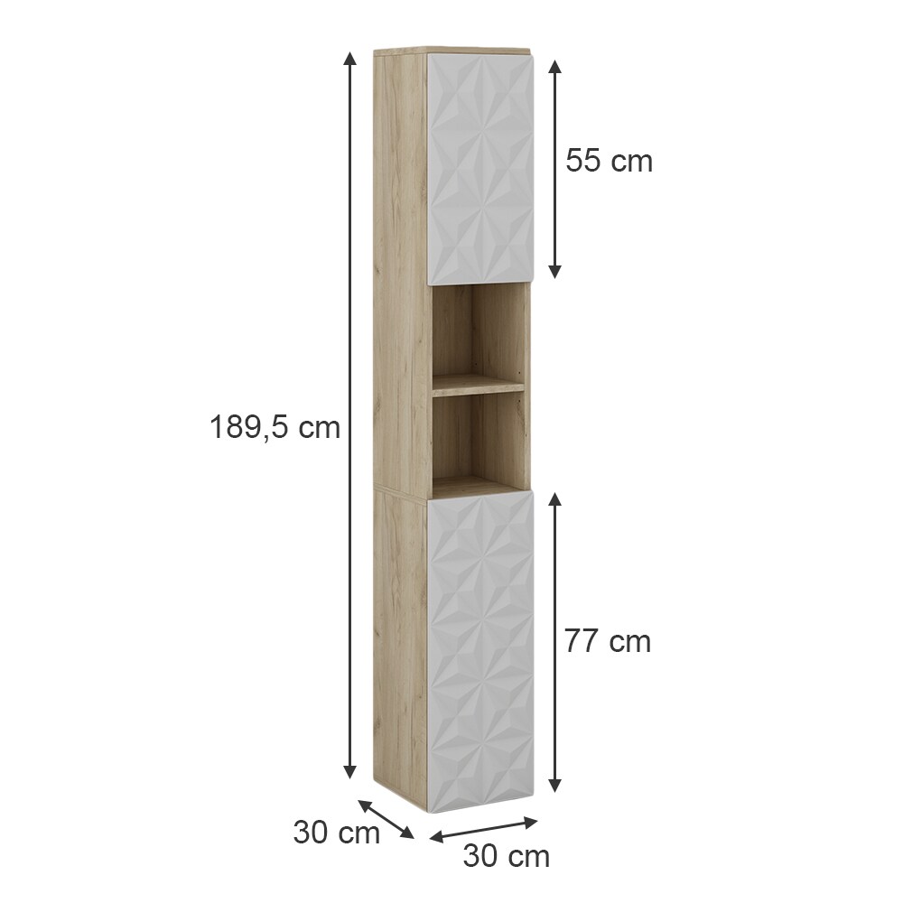Vicco Hochschrank Badschrank Badezimmermöbel Edge Eiche Weiß modern 30x190 cm Badkommode Badezimmer Schrank Badmöbel 2 Türen 6 Fächer