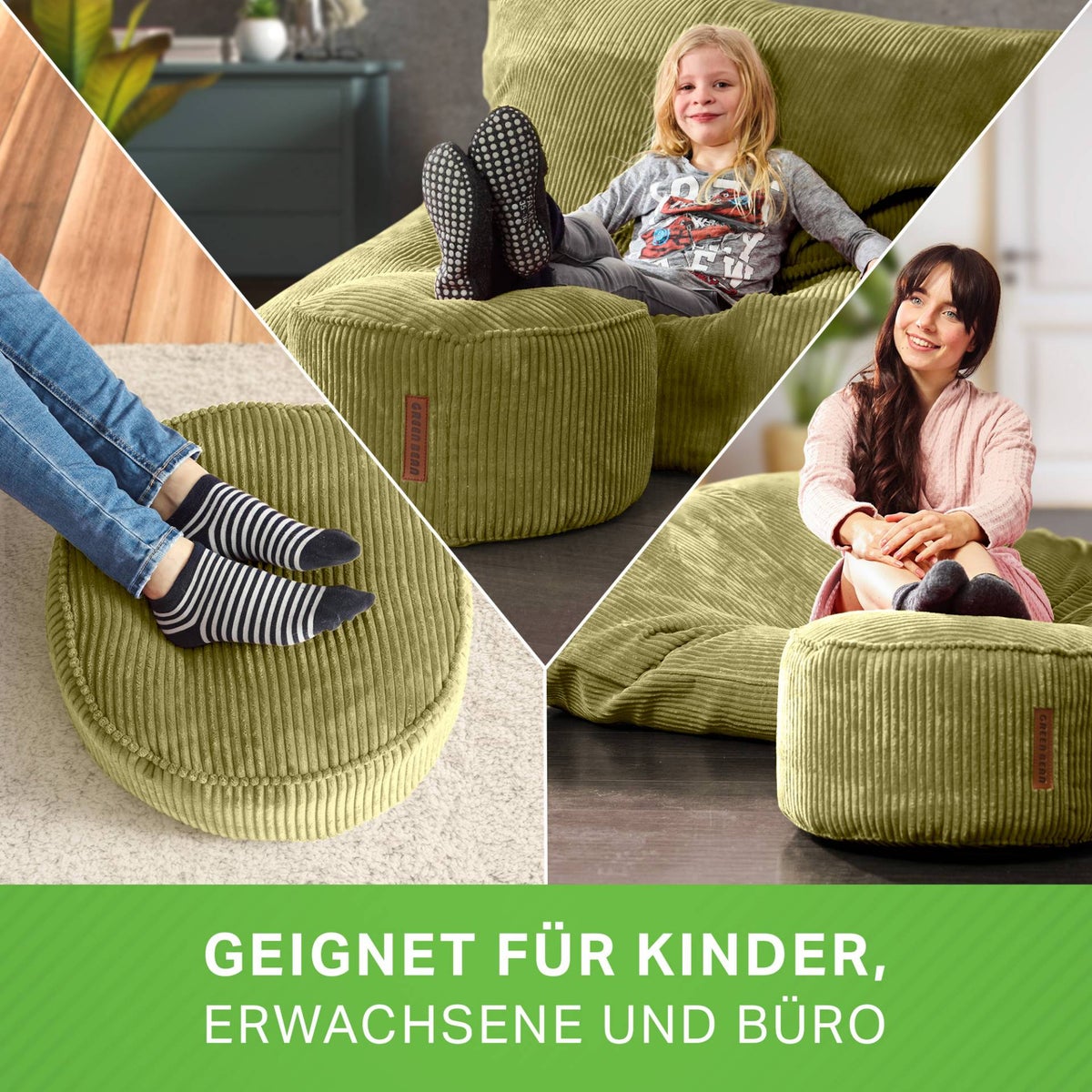 Groene bonen poef kussen 45x25cm met EPS kralen vulling & corduroy stof vloerkussen ligstoel kussen zitkussen poef fauteuil kinderen volwassenen stoffen kruk opbergruimte groen