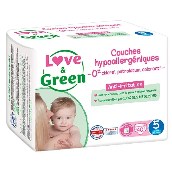 Fraldas hipoalergênicas Love & Green, tamanho 5 (12-25 kg), pacote com 40 unidades.