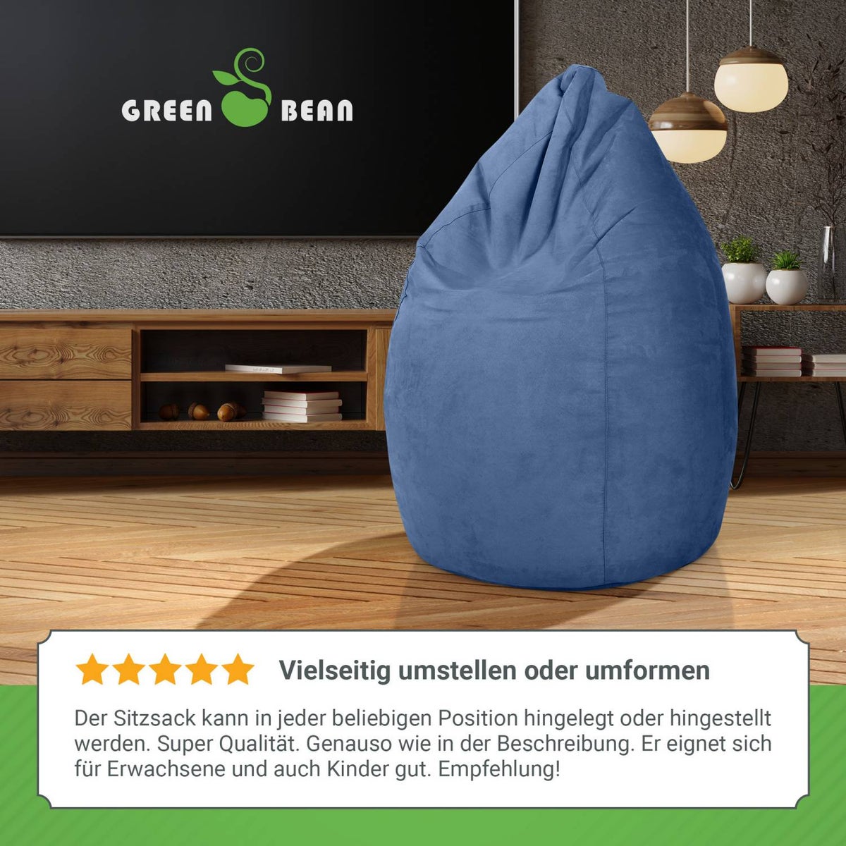 Green Bean Zitzak met rugleuning 60x60x90cm - Binnenzitkussen 220L vulling, comfortabel, wasbaar - Zitzak vloerkussen, loungestoel, voetenbank - lichtblauw