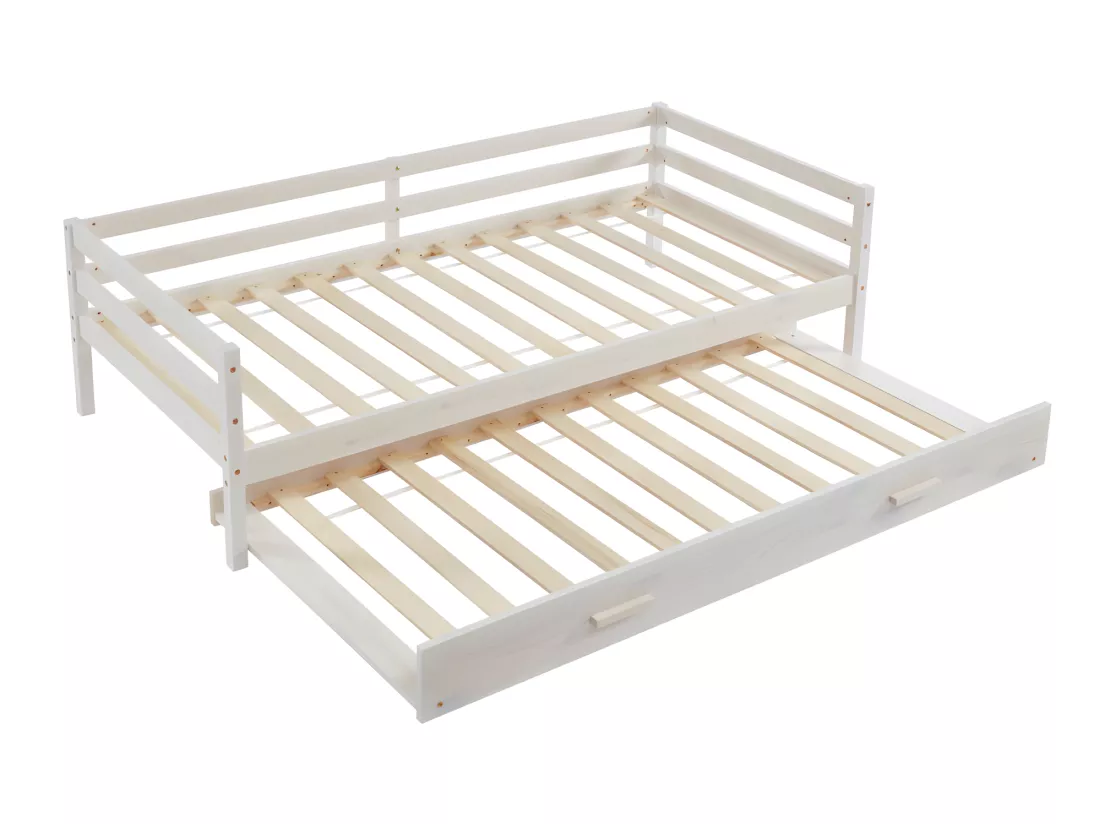 Lit gigogne AEDAN II - 2 x 90 x 190 cm - Pin massif et MDF - Blanchi