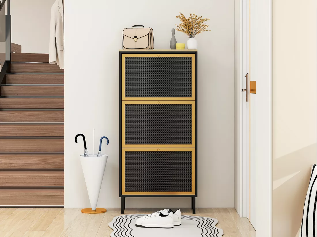 Haobosic - Meuble à chaussures avec trois portes et structure en métal tissé rotin, double étagère à chaussures, 60 cm, avec panneau arrière,noir