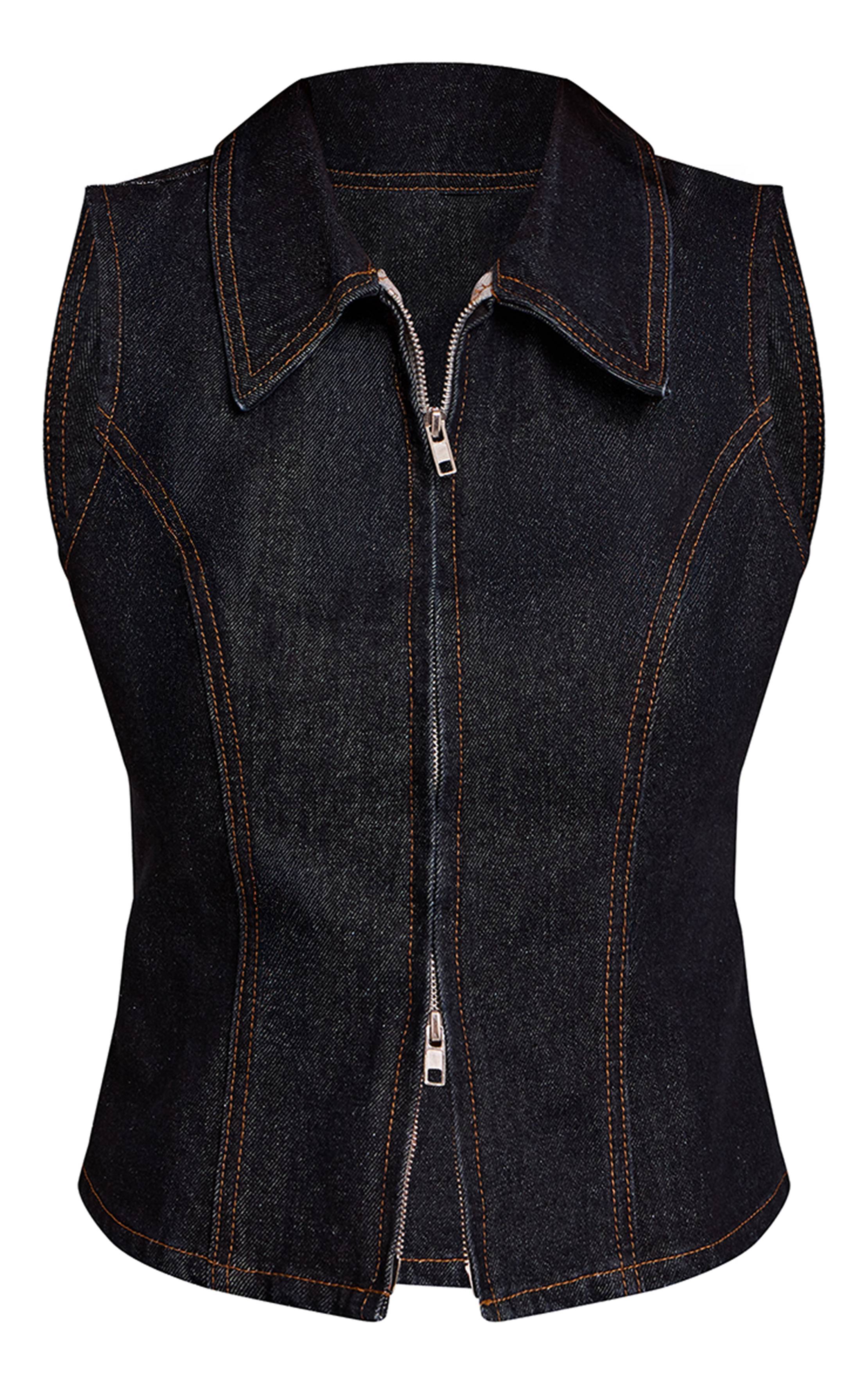 Bleu Indigo Gilet En Jean Brut À Fermeture Éclair