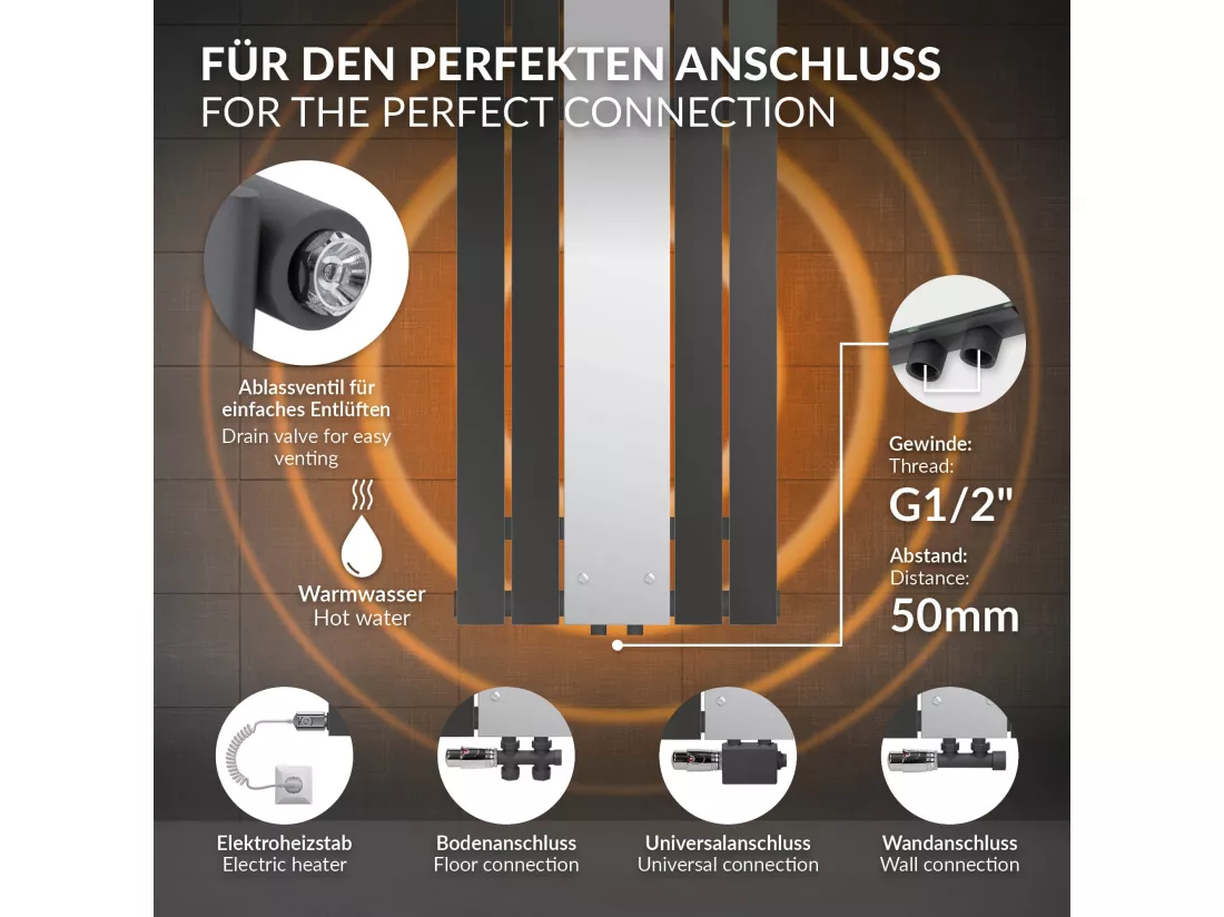 Radiateur plat anthracite 450x1200 mm avec miroir et kit raccordement au sol