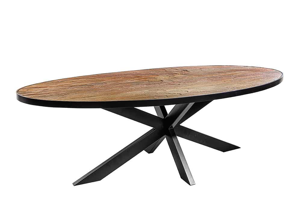 Massiver Esstisch MOUNTAIN SOUL 240cm rötlich grün schwarz oval Naturstein Eisen