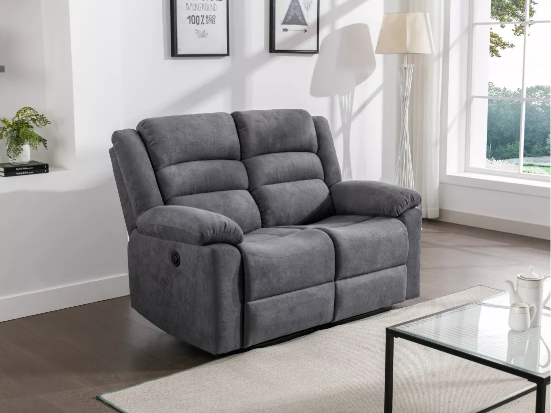 Canapé 2 places relax électrique en tissu gris BUROLO