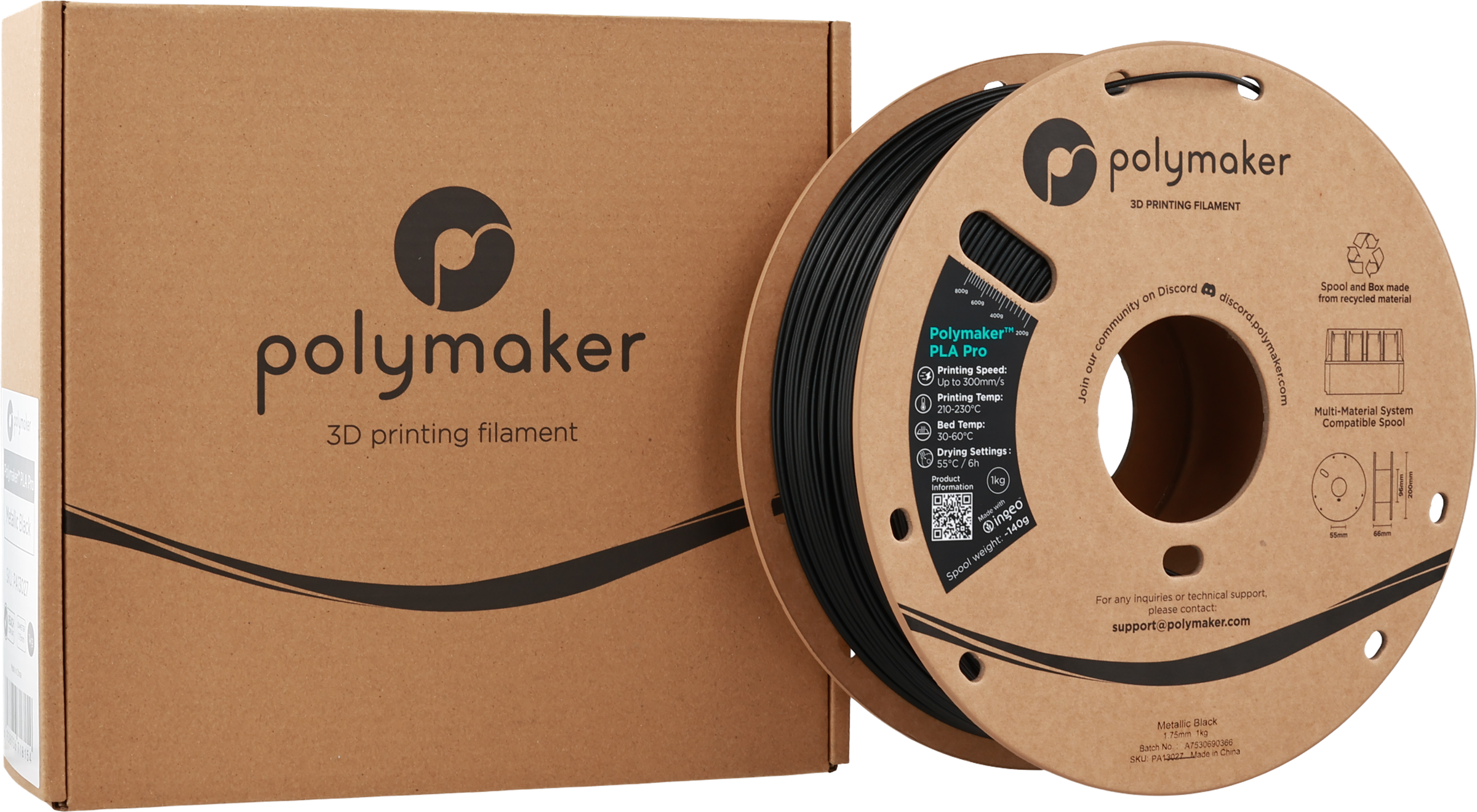 Polymaker  PLA Pro Metallic Black, 1,75 mm / 1000 g    Neue, verbesserte Formulierung: Hochleistungs-High Speed-PLA in Metallic Black