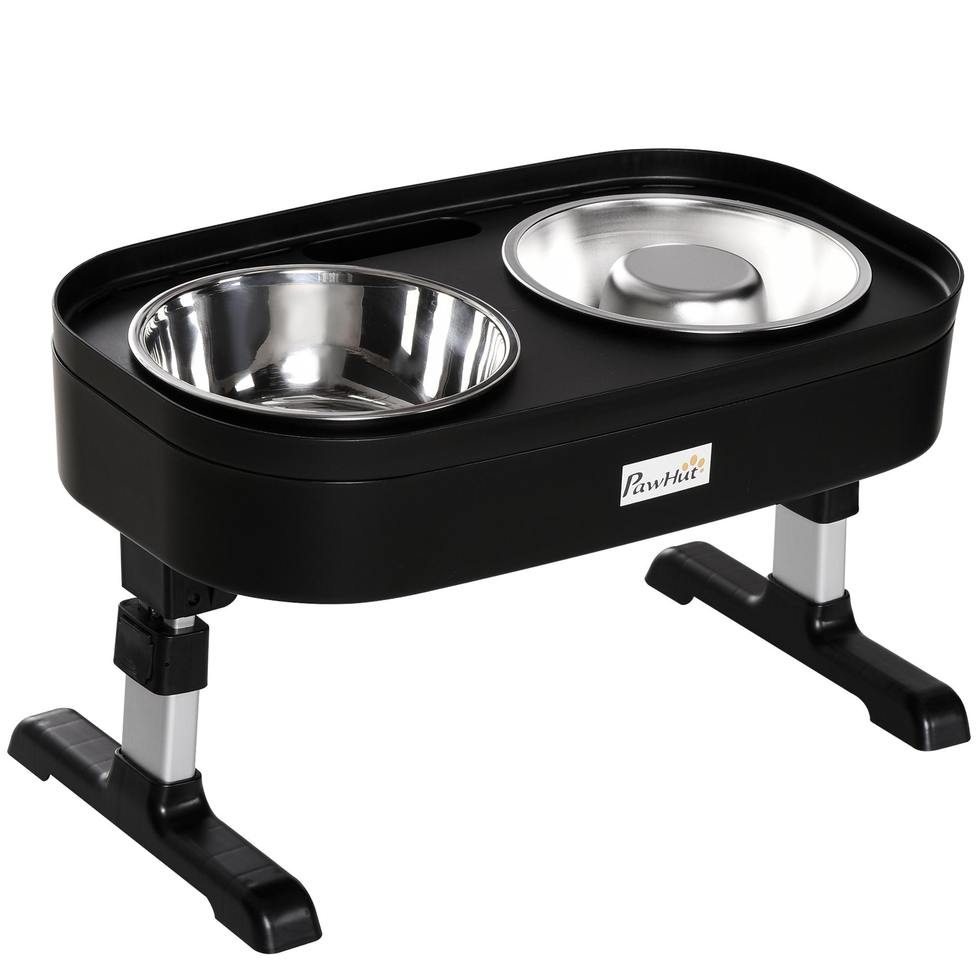 Comedouro elevado para cães PawHut com 4 alturas ajustáveis, comedouro duplo com tigela de 1000ml e comedouro lento de 600ml, aço inoxidável, 43x25x30 cm, preto.