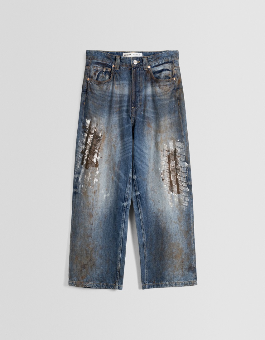 Calça jeans super larga com estampa de respingos de tinta
